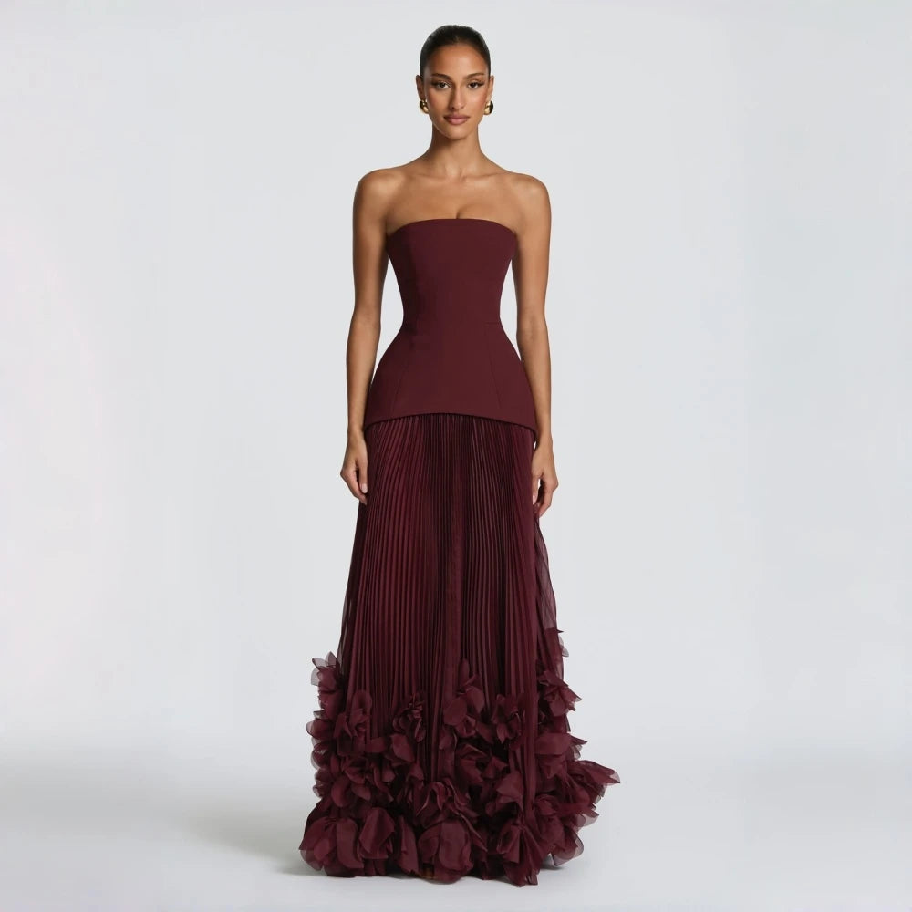 Elegant 3D Flower Lace Up A Line Solid Spliced Sheer Dresses Strapless Sleeveless Patchwork Applique Maxi Dress Female Clothing