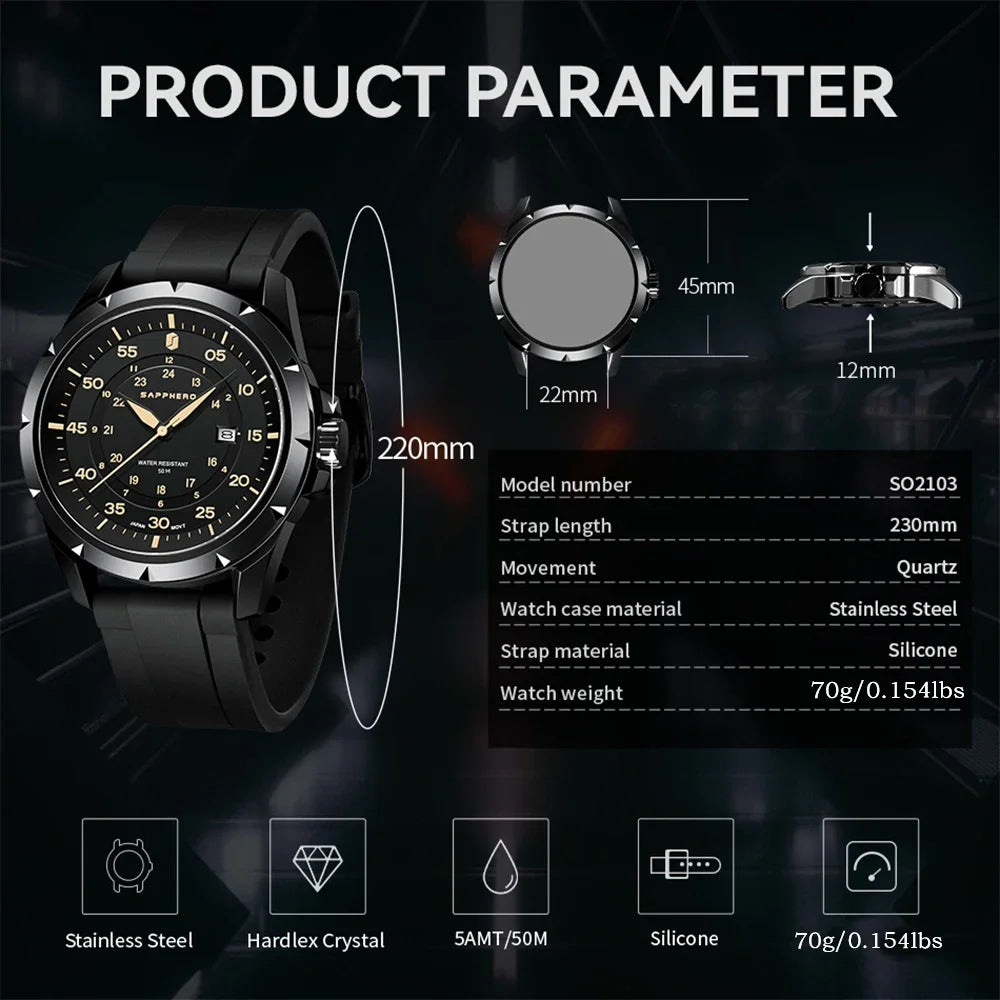 SAPPHERO Men’s Quartz Watch, Sport Fashion Wristwatch, Date Display, 50M Water Resistant, Casual Outdoor Style