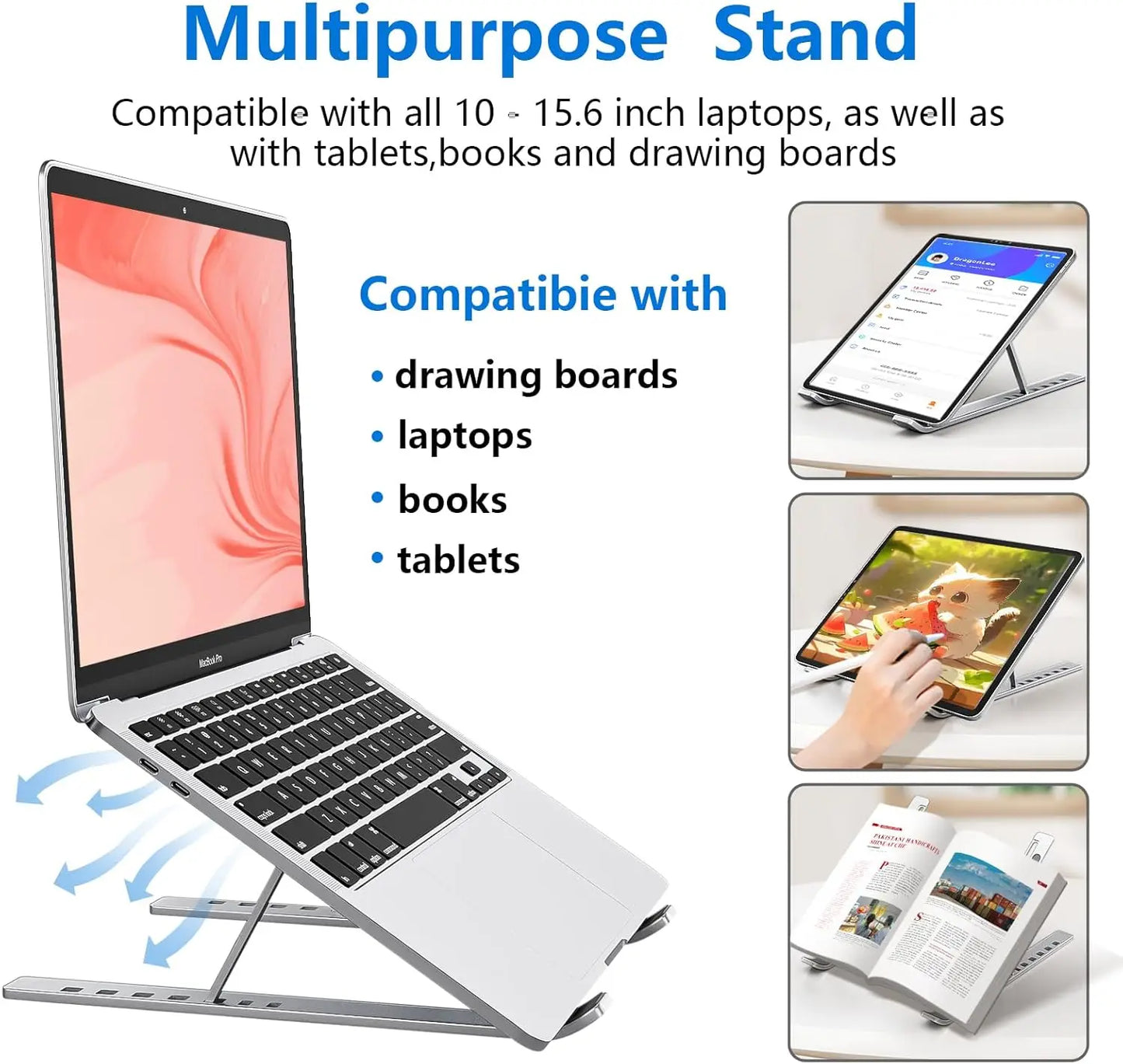 Foldable Aluminum Laptop Stand, 7-Level Adjustable Height, Anti-Slip Silicone Pads, Portable for 10-15.6 Inch Laptops & Tablets