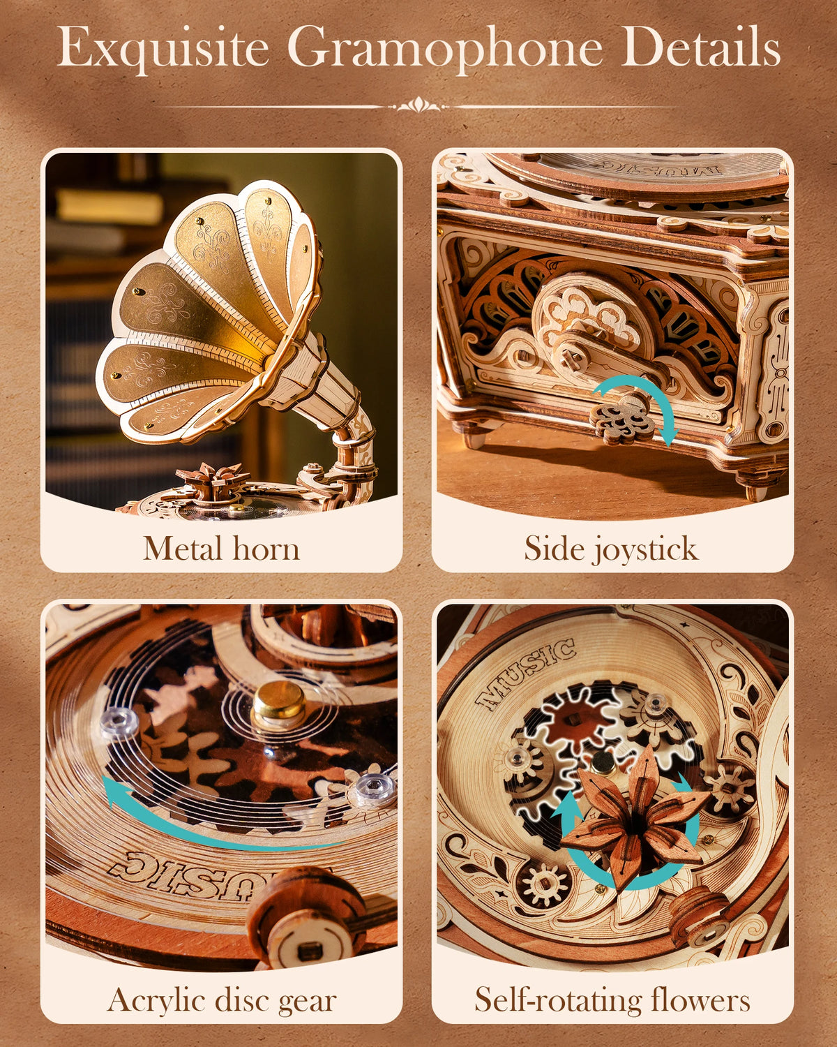 ROKR Wooden 3D Puzzle Diva Gramophone Music Box Mechanical Model Building Kit for Home Decor Holiday Gift for Adults Teens Friends