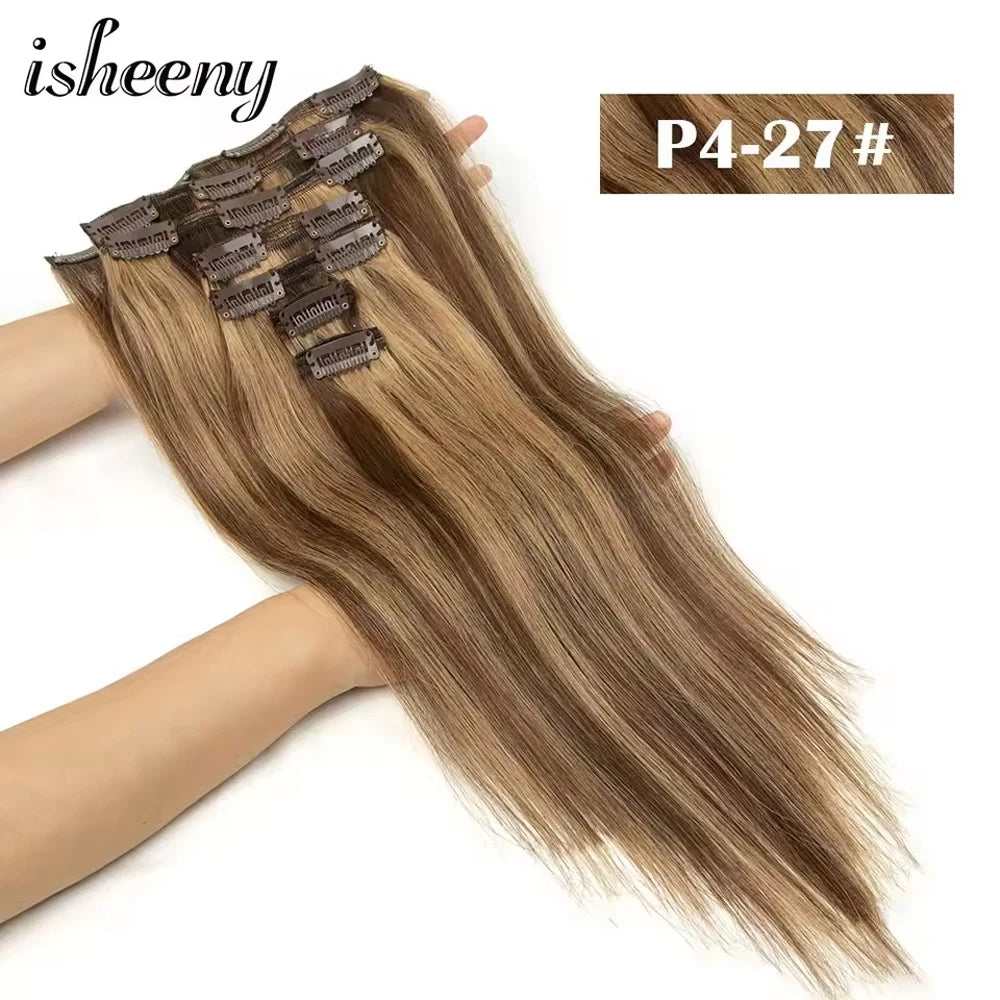 Clip In 100 % Human Hair Extensions Natural Straight 12-24 inches Clip Hair Extension Human Hairpiece 100-120g 7pcs/set isheeny