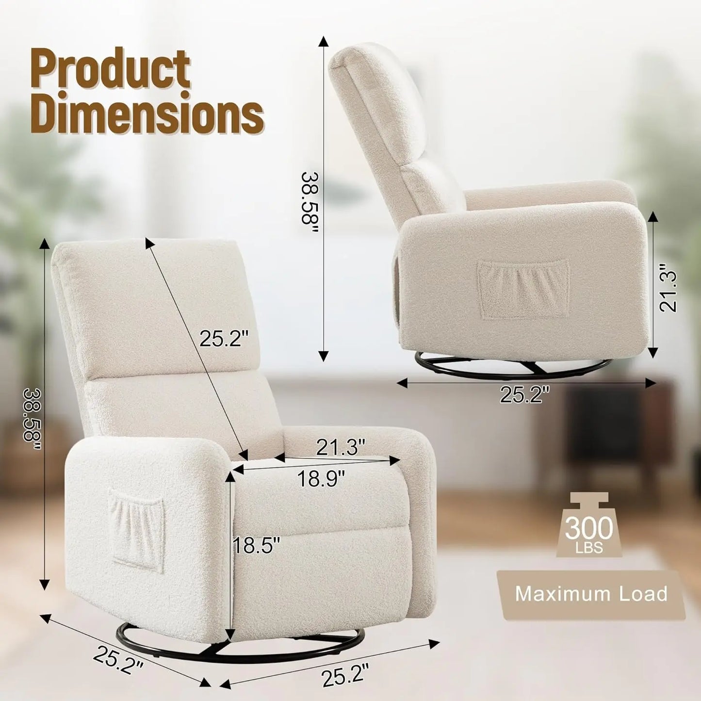 360° Rocking Nursery Glider Chair with Side Pockets Steel Base Small Space Swivel Accent Living Room Sherpa, Customized
