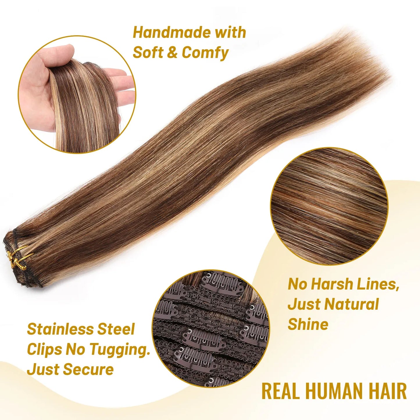 Clip in Remy Human Hair Extensions 7pcs 70g Double Weft 4/27 Chocolate Brown to Caramel Blonde Human Hair Clip ins for Women