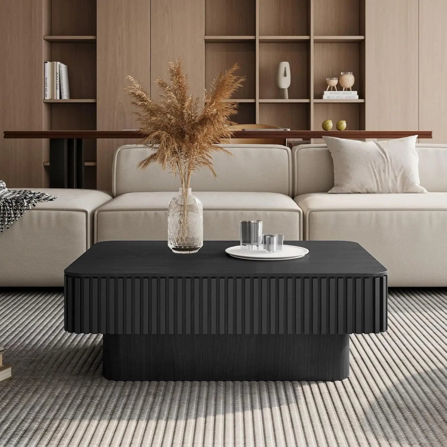 Lift Top Coffee Table Hidden Storage Mid Century Modern Wood Veneer Rectangle Living Room Small Space 38.6inL×14inH Black Custom