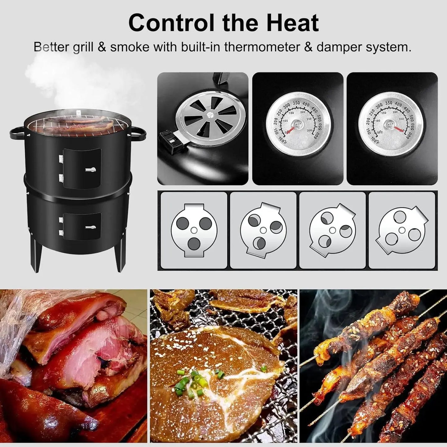 3-in-1 BBQ Smoker Grill with Chimney Multi-function Detachable Outdoor Cooking Oven with Thermometer Camping Outdoor Party Grill