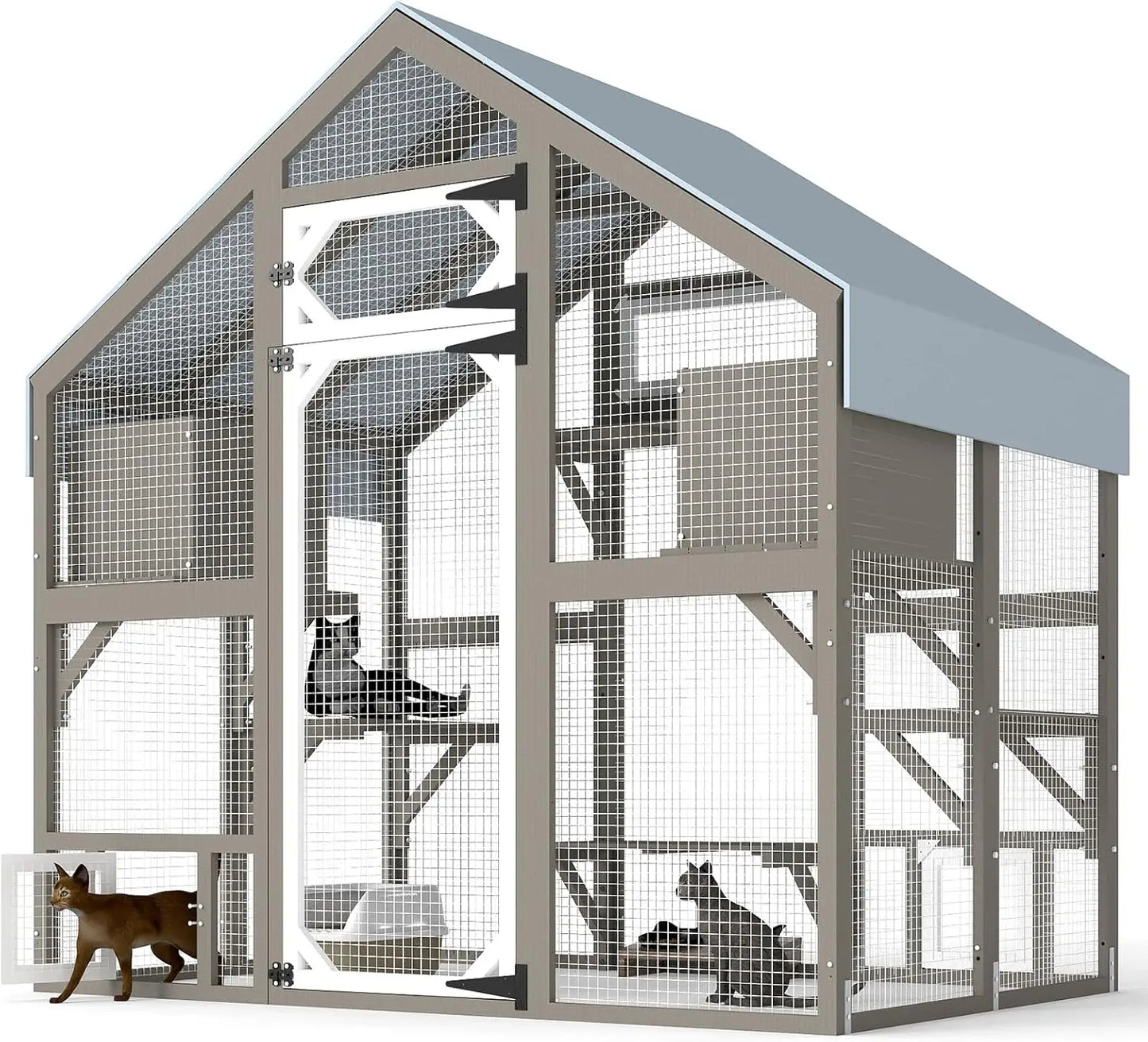 71" H Catio Outdoor Cat Enclosure for Multiple Cats Large Wooden Walk in Cats House Outside Weatherproof Roof,Attached to