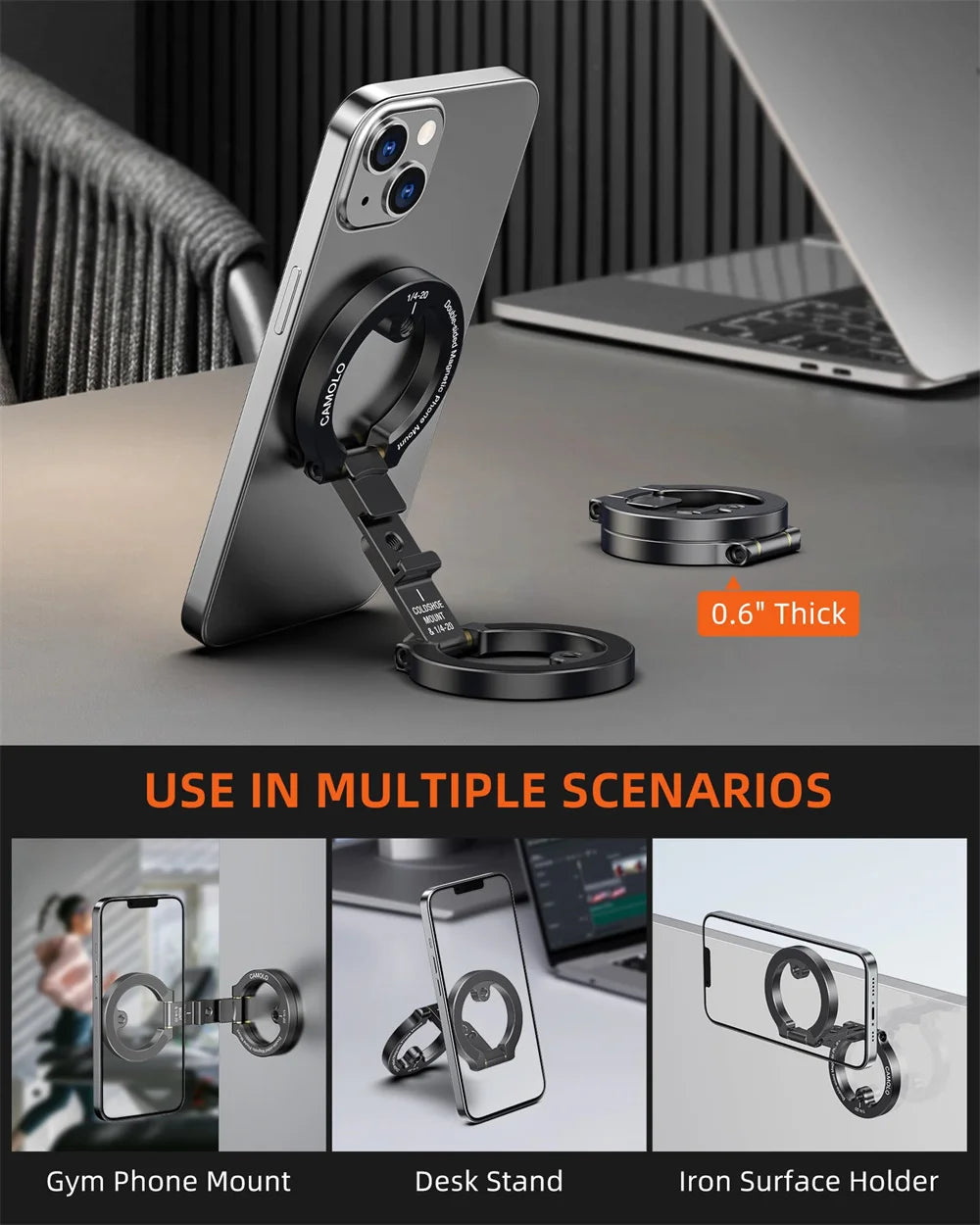 CAMOLO Dual Magnetic Phone Holder For Travel Gym Magsafe Phone Stand for iPhone Android with 1/4" Screw Tripod Mount for Tropod