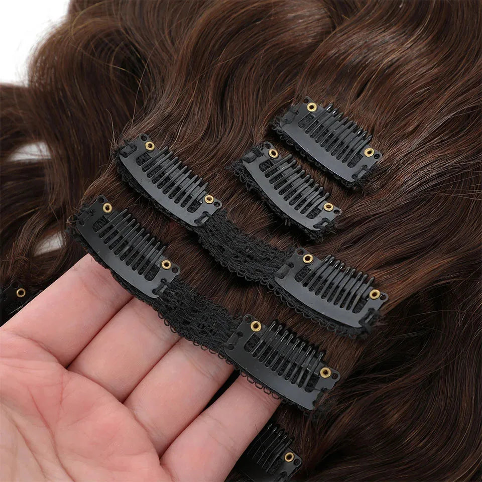 8Pcs #2 Dark Brown Body Wave Hair Clip In Hair Extensions Human Hair 100% Unprocessed Brazilian Remy Virgin Human Hair For Women