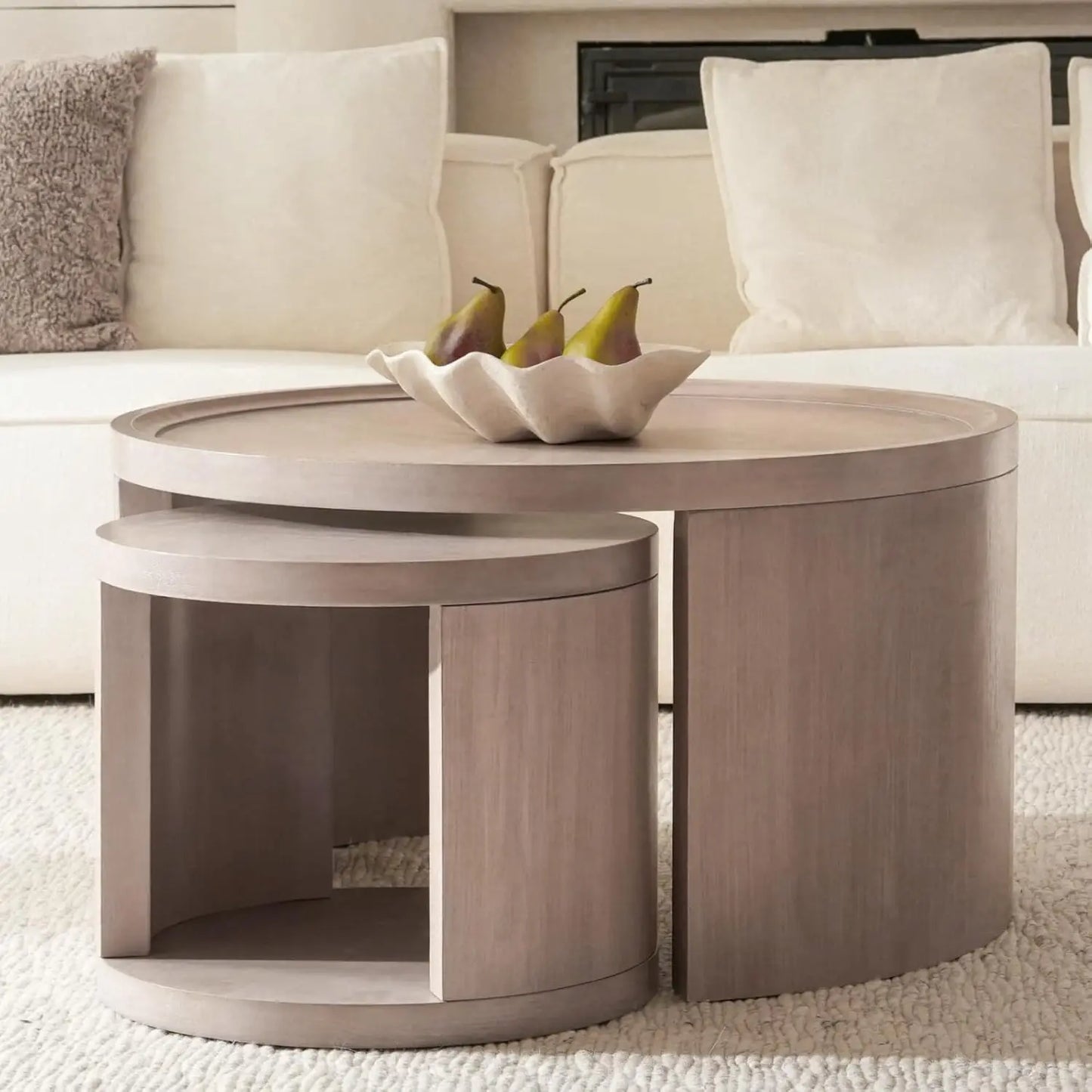 Round Nesting Coffee Table Set of 2, Gray Coffee Table, 31.5" Large & 18" Small Low Tables with Wood Top, Center, Customized