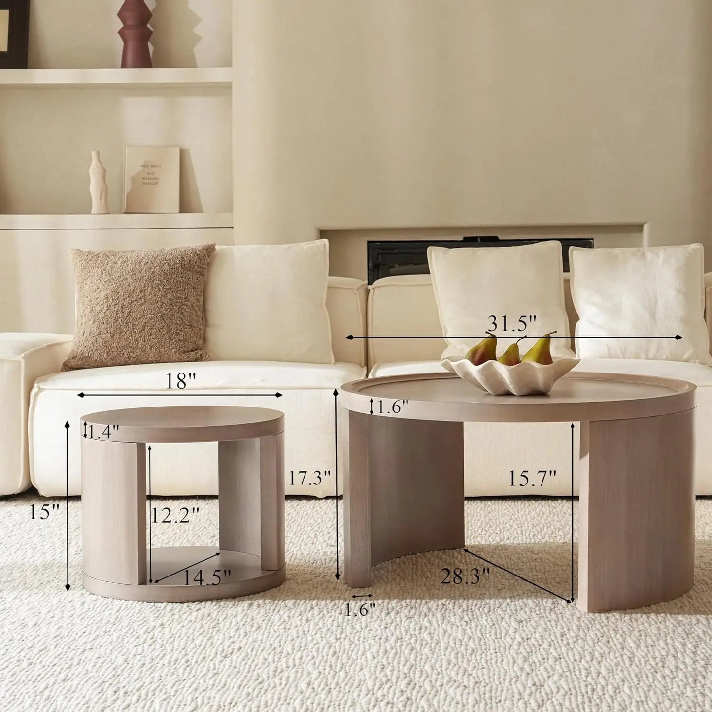 Round Nesting Coffee Table Set of 2, Gray Coffee Table, 31.5" Large & 18" Small Low Tables with Wood Top, Center, Customized