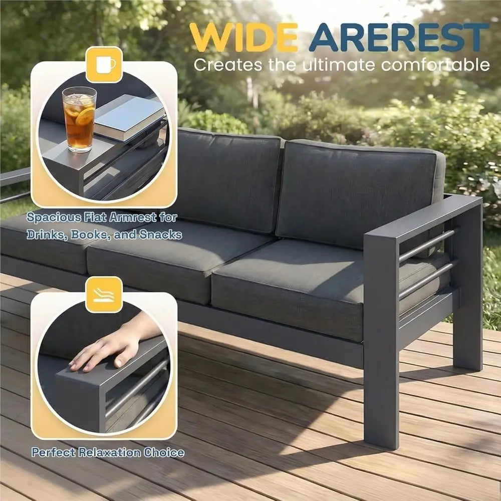 All-Weather Oversized Metal Patio Furniture Set with Deep Seating and Wide Armrests, Gray