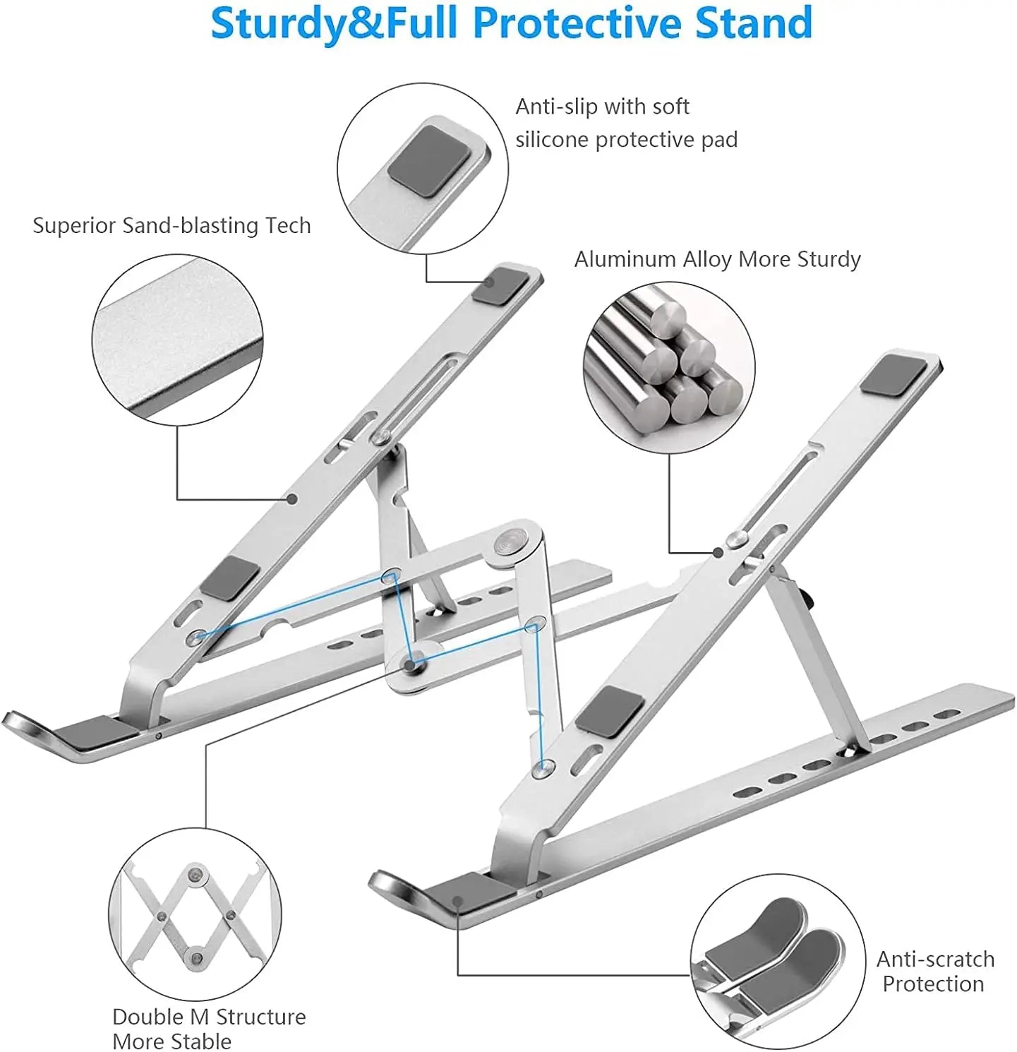 Foldable Aluminum Laptop Stand, 7-Level Adjustable Height, Anti-Slip Silicone Pads, Portable for 10-15.6 Inch Laptops & Tablets