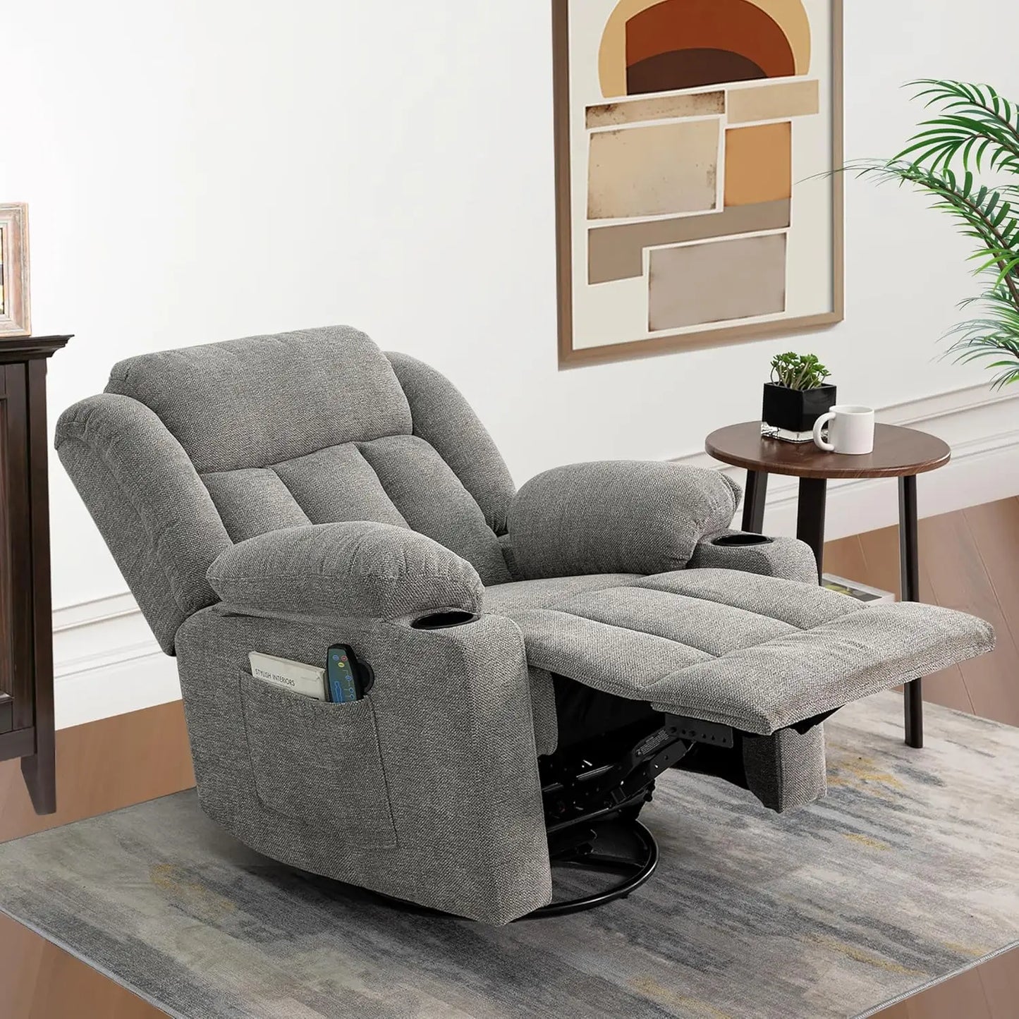 Overstuffed Rocker Recliner with Massage & Heat, Soft Fabric Glider for Living Room, Manual Swivel, Large Adult, Custom