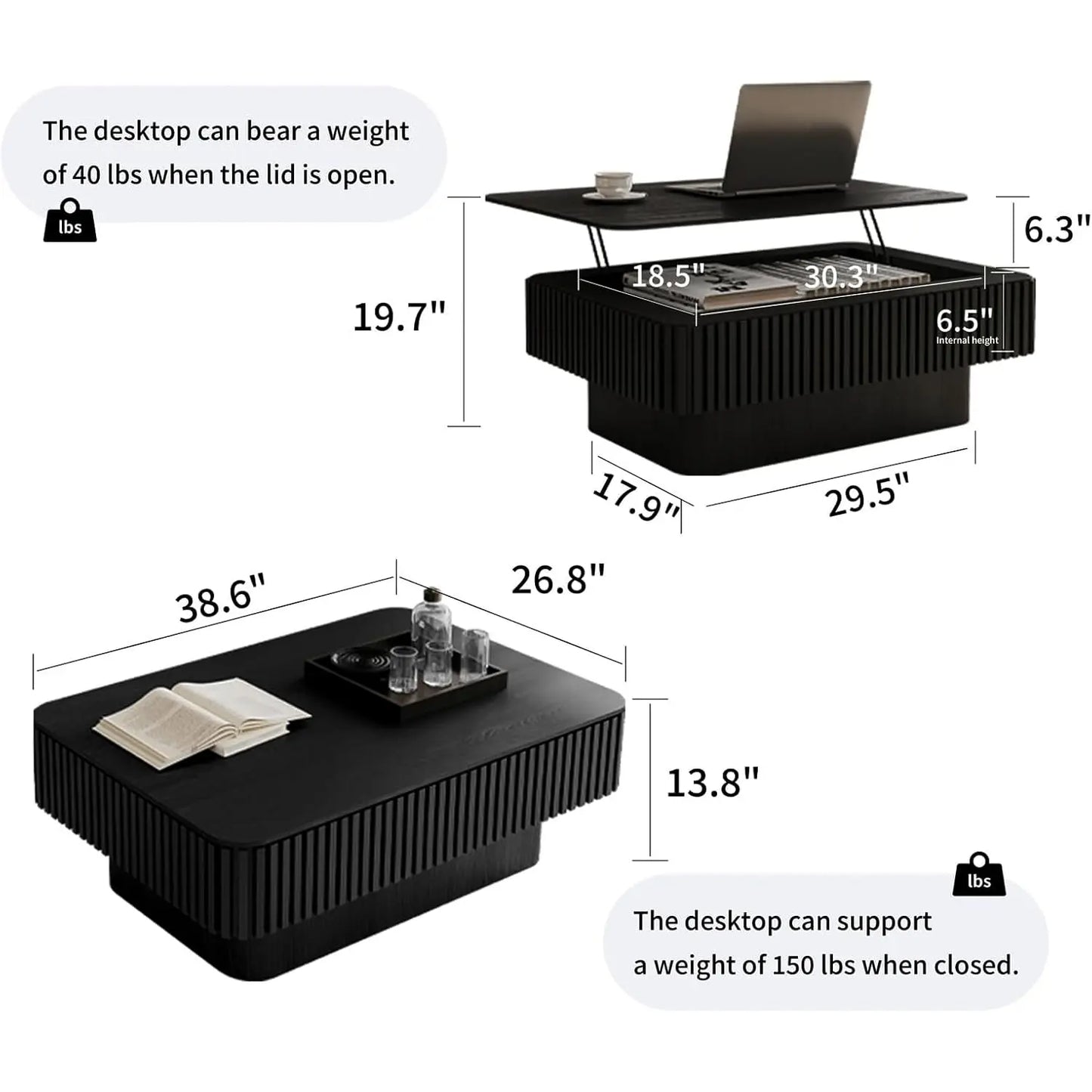 Lift Top Coffee Table Hidden Storage Mid Century Modern Wood Veneer Rectangle Living Room Small Space 38.6inL×14inH Black Custom