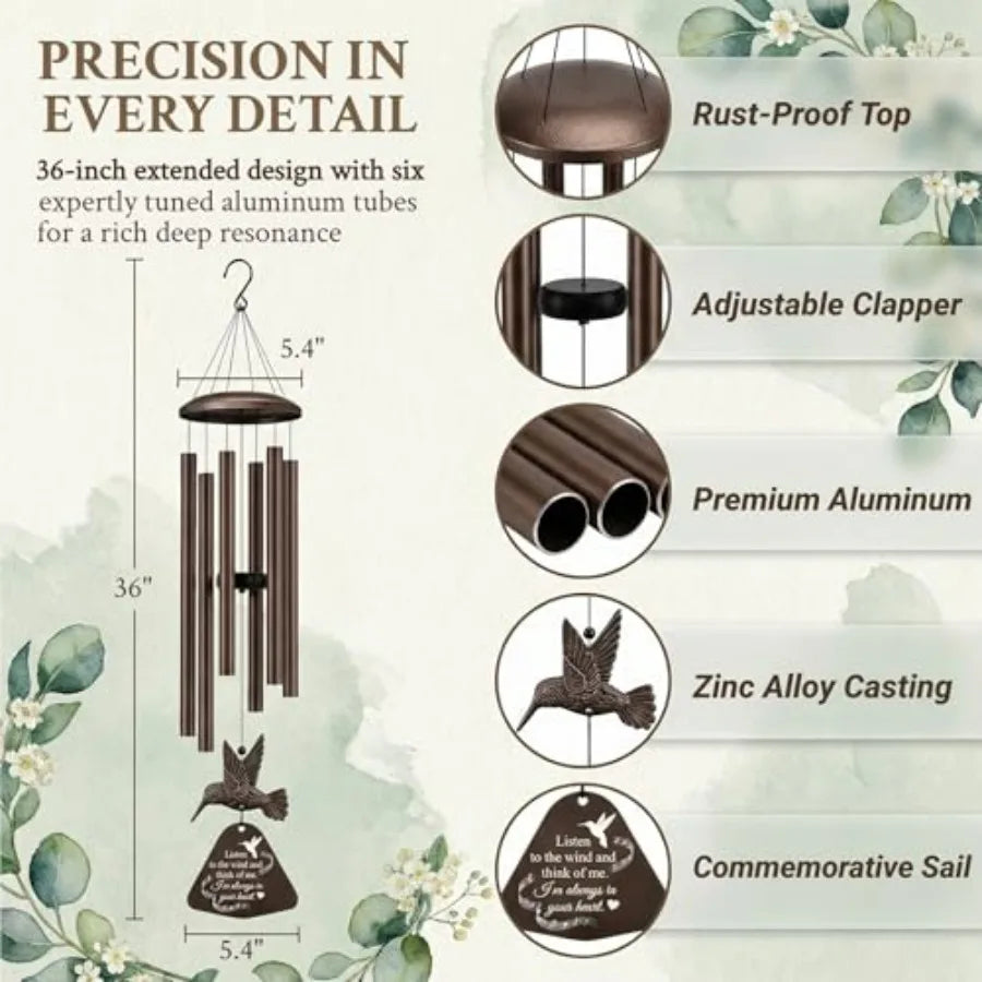 36" Memorial Wind Chimes for Outside, Sympathy Gift for Loss of Loved One, Hummingbird Wind Chime for Mom Dad, Bereavement Reme