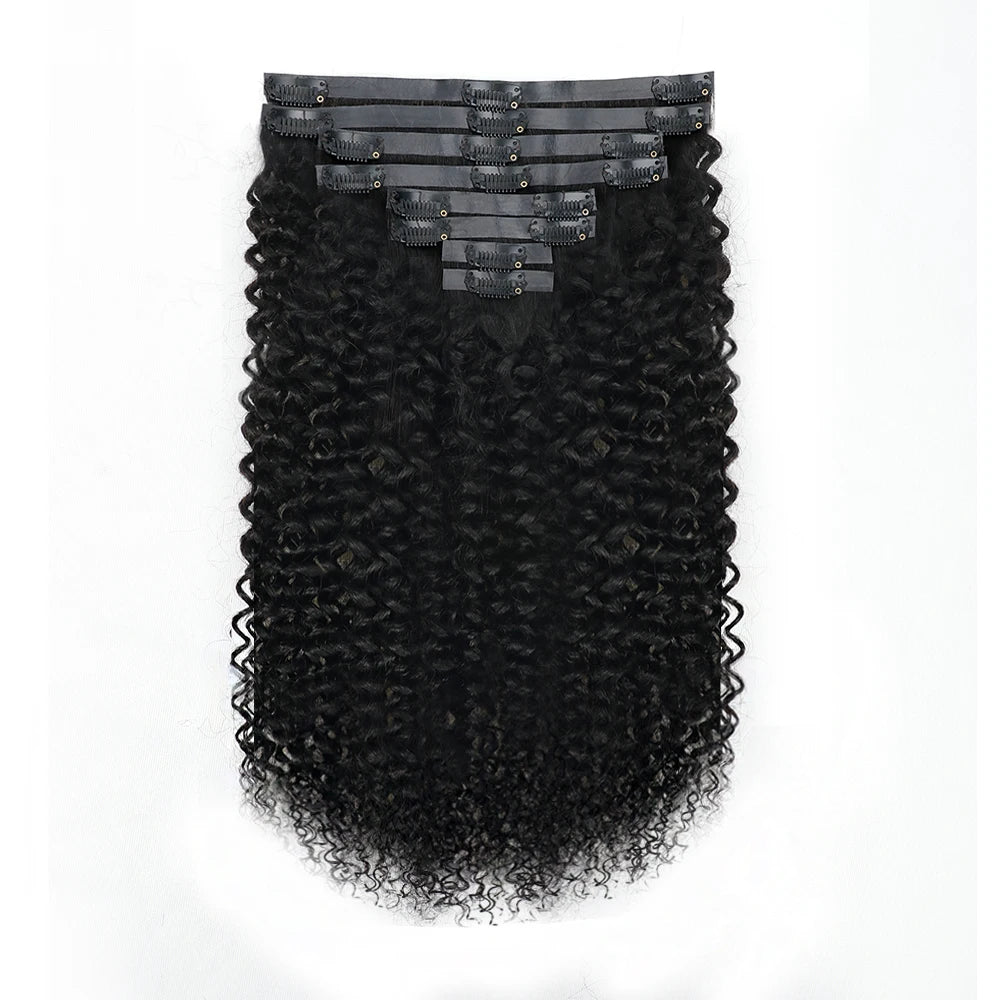 22-32 Inch Deep Curly Wave Clip in Hair Extensions Per Set with 18 Clips Human Hair 8 Pieces and Natural Black Color Extension
