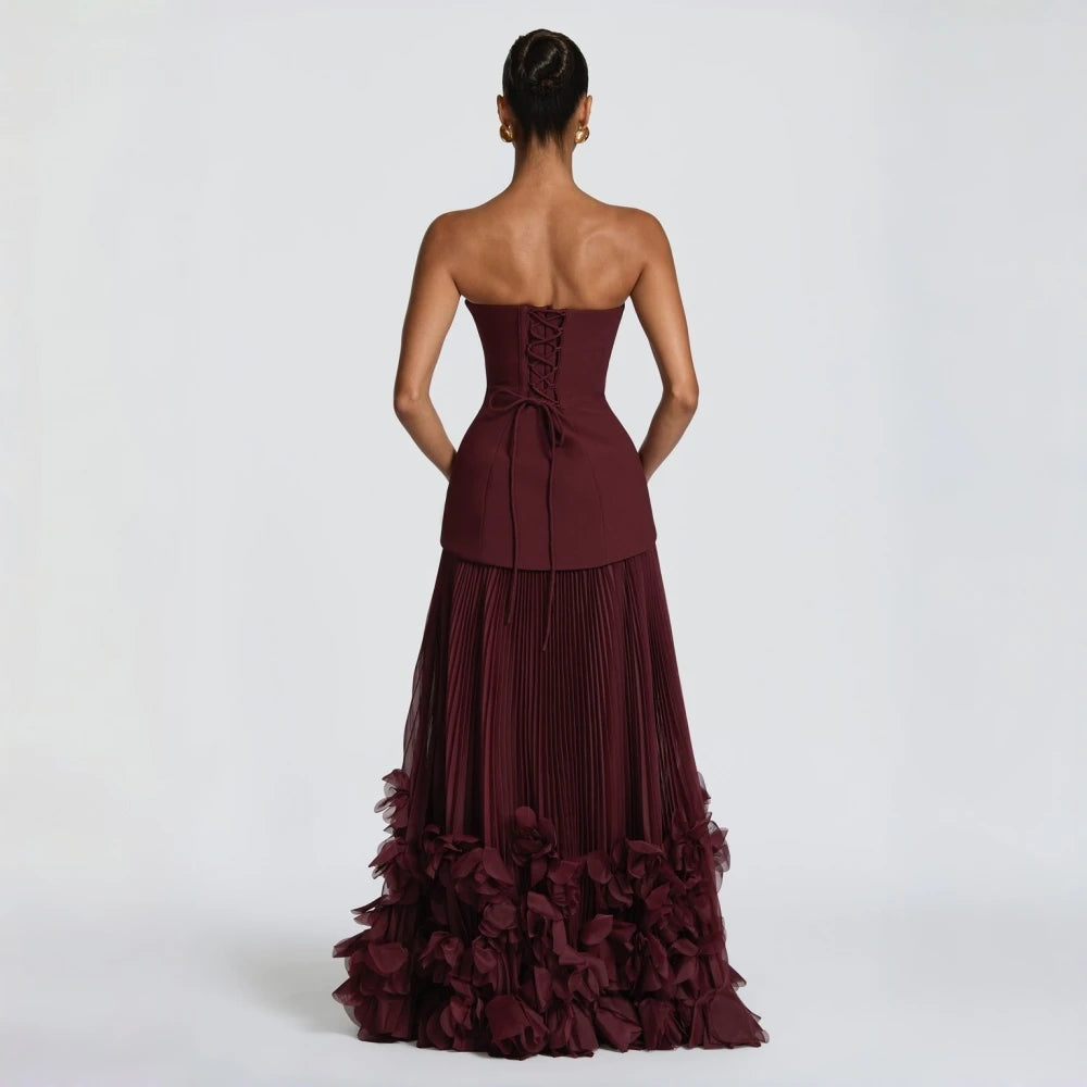 Elegant 3D Flower Lace Up A Line Solid Spliced Sheer Dresses Strapless Sleeveless Patchwork Applique Maxi Dress Female Clothing