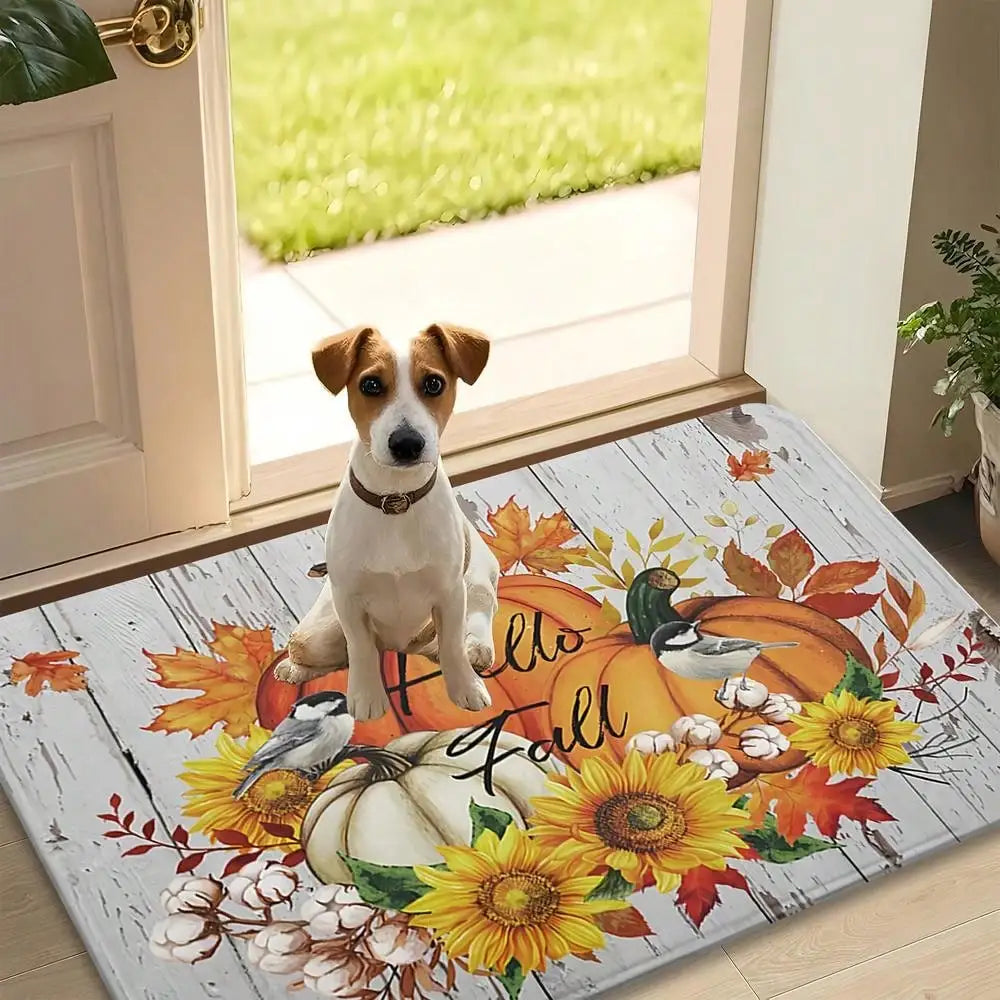 1pc "Hello Fall" Autumn Soft Flannel Non-Slip Floor Mat, Autumn Maple Leaf And Pumpkin Pattern Doormat, Suitable For Laundry Room Decor, Kitchen Mat, Washable