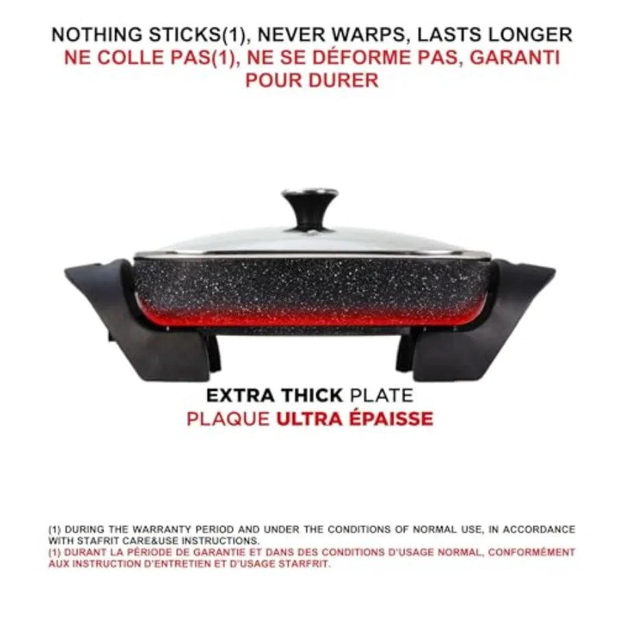 The Rock Electric Skillet - 12" x 12" - Rock.Tec Non-Stick Cooking Surface - Tempered Glass Lid - 1200W