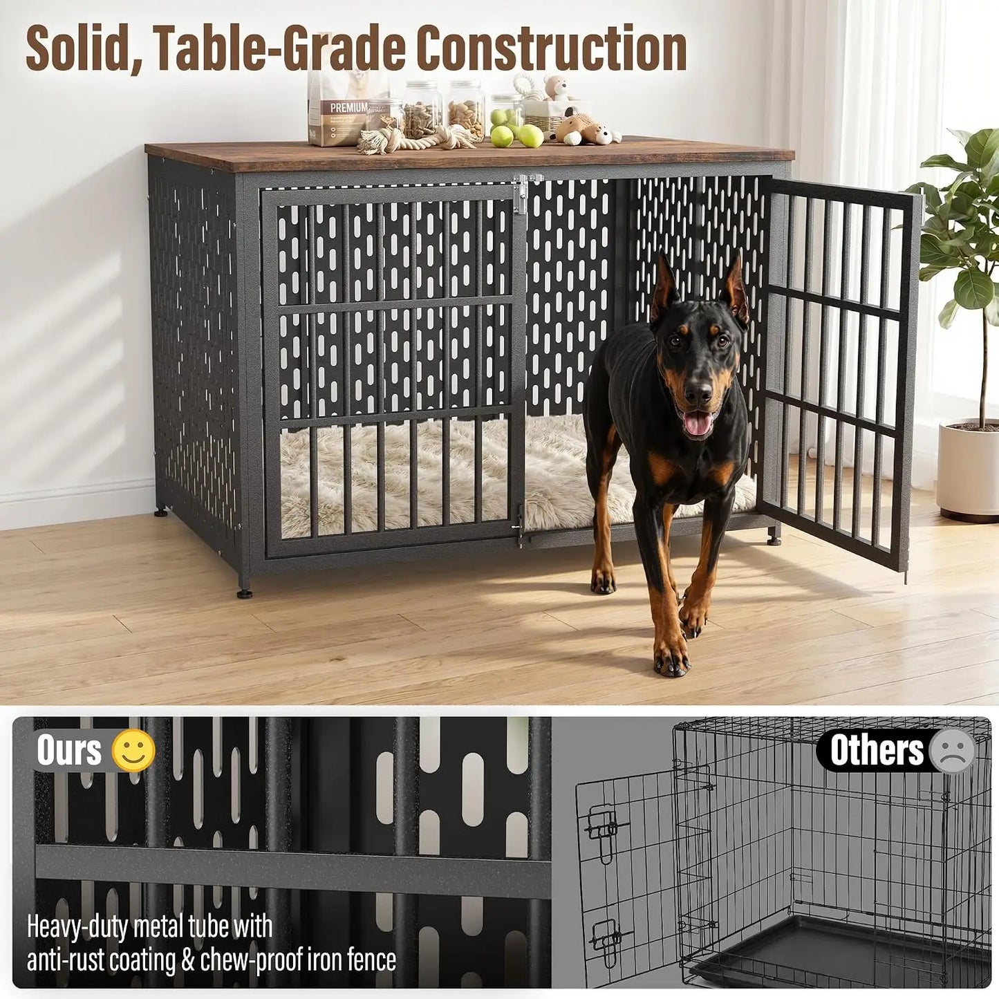 Heavy Duty Dog Crate Furniture 48In, Indestructible Cage for High Anxiety Dogs with Wooden Table for Indoor, Customized