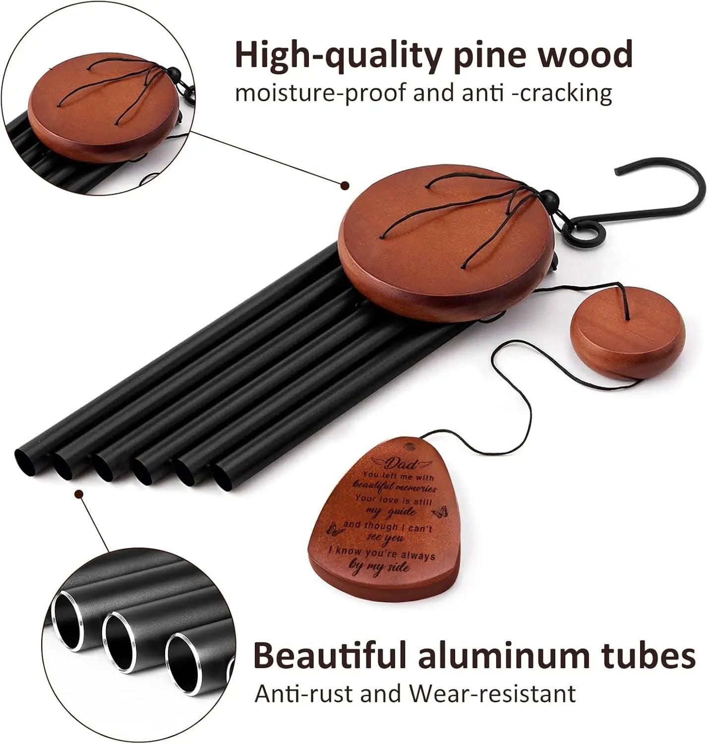 Memorial Wind Chimes for Dad, 25'' Outdoor Garden Decor with Soothing Melodic Tones and Mute Option