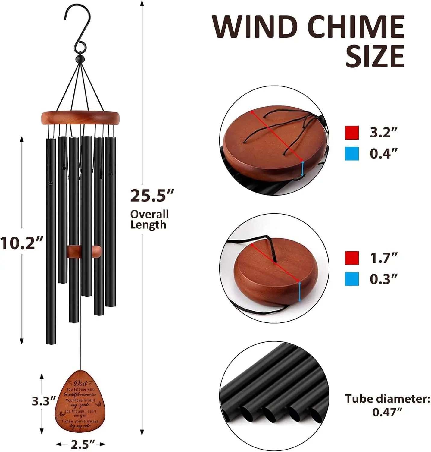 Memorial Wind Chimes for Dad, 25'' Outdoor Garden Decor with Soothing Melodic Tones and Mute Option