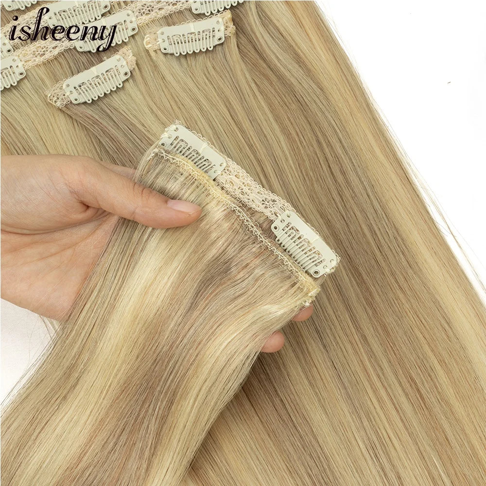 Clip In 100 % Human Hair Extensions Natural Straight 12-24 inches Clip Hair Extension Human Hairpiece 100-120g 7pcs/set isheeny