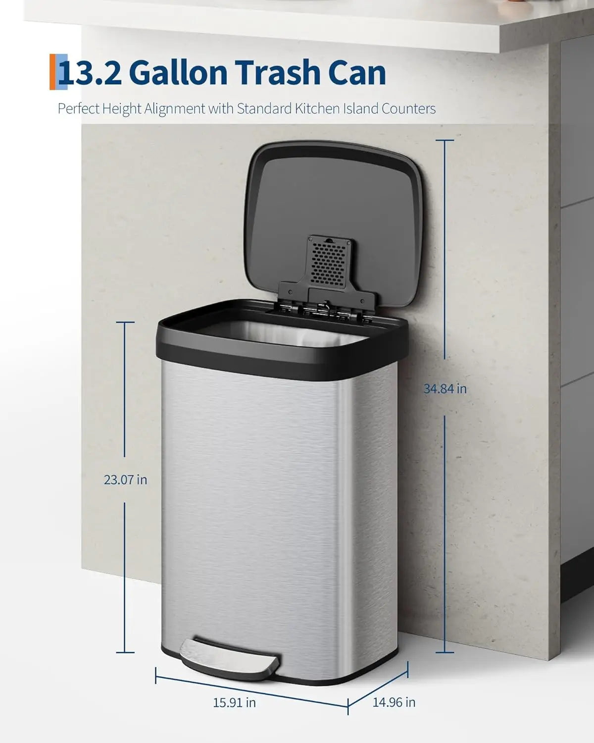 13 gal / 50 L Stainless Steel Trash Can with Lid, Large Garbage Can for Kitchen, Rustproof Step-on Kitchen Metal, Customized