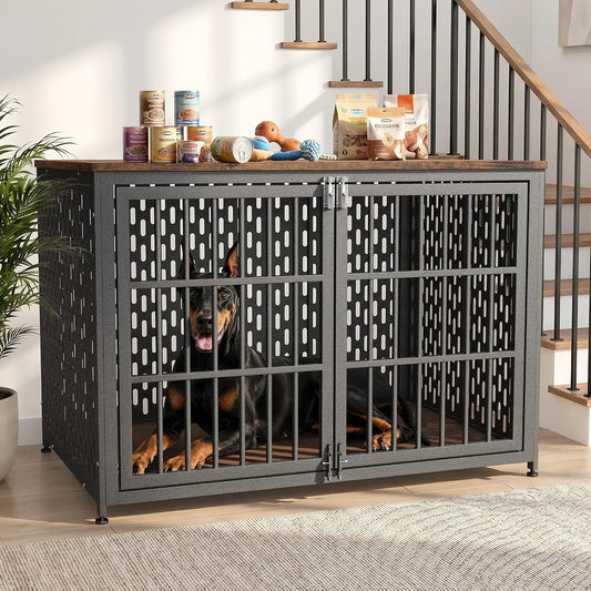 Heavy Duty Dog Crate Furniture 48In, Indestructible Cage for High Anxiety Dogs with Wooden Table for Indoor, Customized