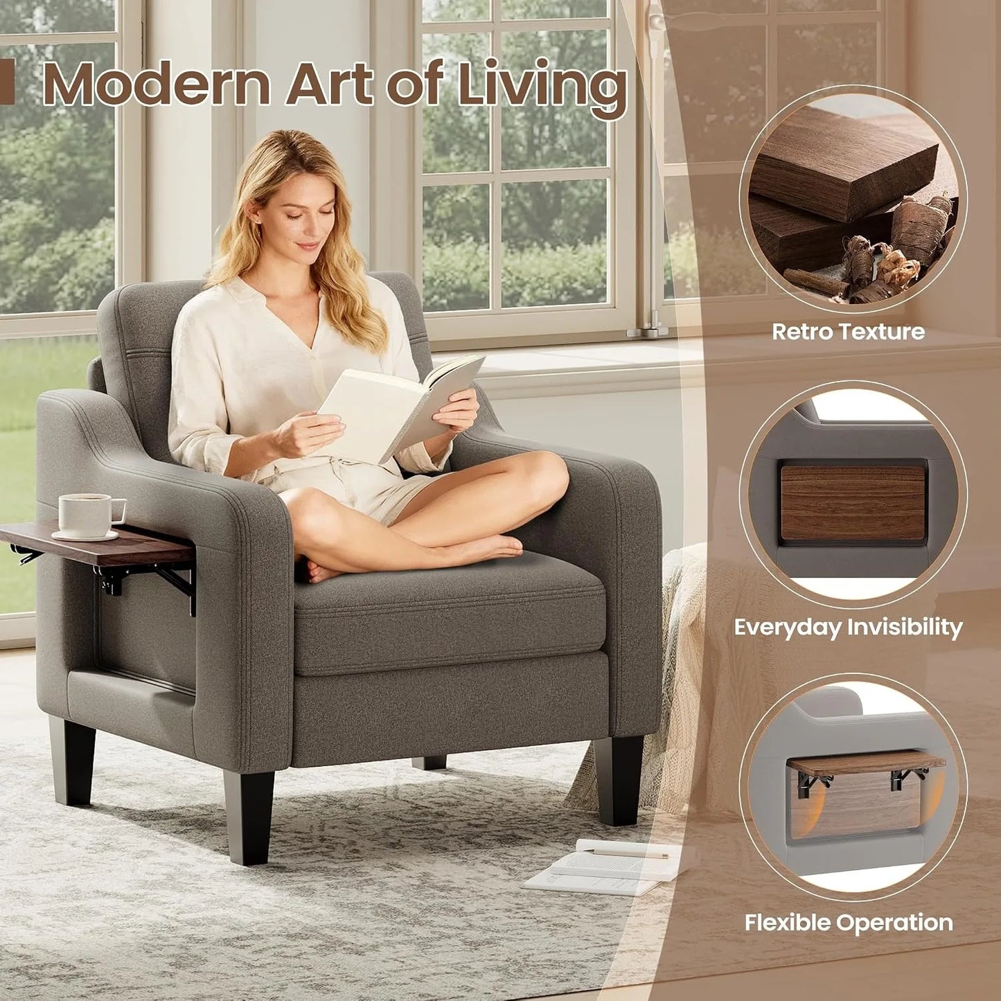 Modern Linen Upholstered Wooden Accent Armchair Foldable Side Table For Living Room, Customized