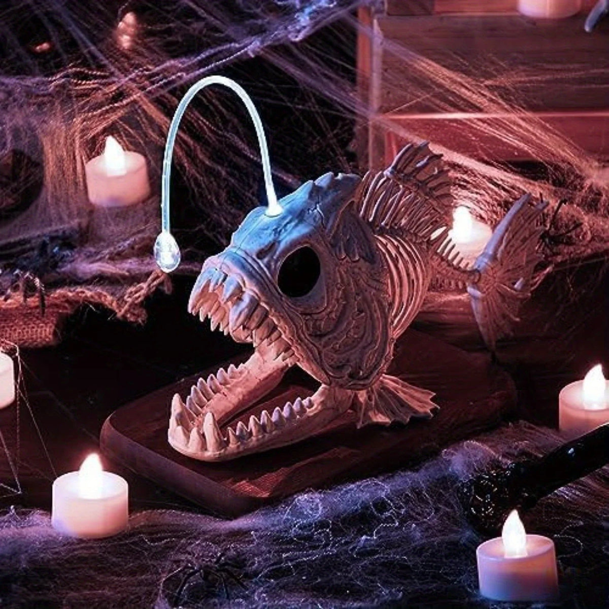 Halloween Skeleton Lantern Fish with LED Eye Plastic Bones for Halloween Party Photo Prop Decoration, Graveyard Decor, Indoor Outdoor Spooky Scene(10.2" *5.5" *3")