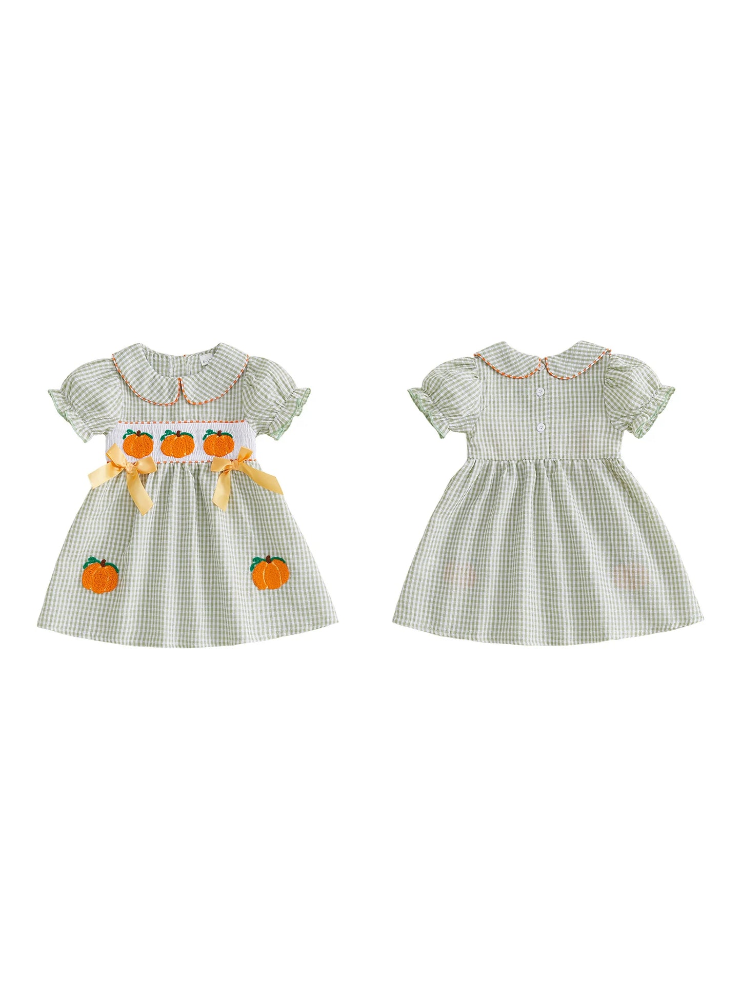 Baby Girls Halloween Costume Pumpkin Embroidered Doll Collar Short Sleeve Dress Toddler Plaid Dress with Bow