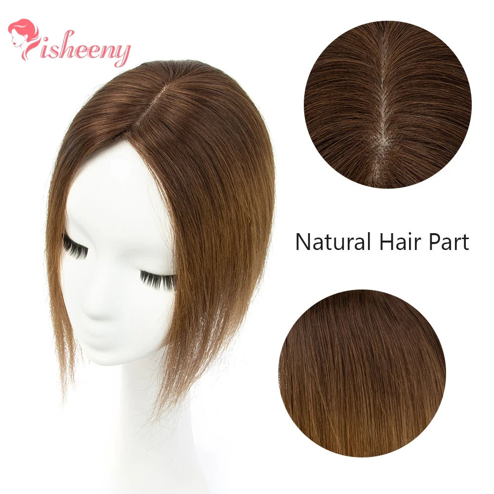 Human Hair Topper With Side Bangs For Women With Clips Straight Hair Toupee 7x11cm Elegant Style Clips In Topper Realistic Scalp