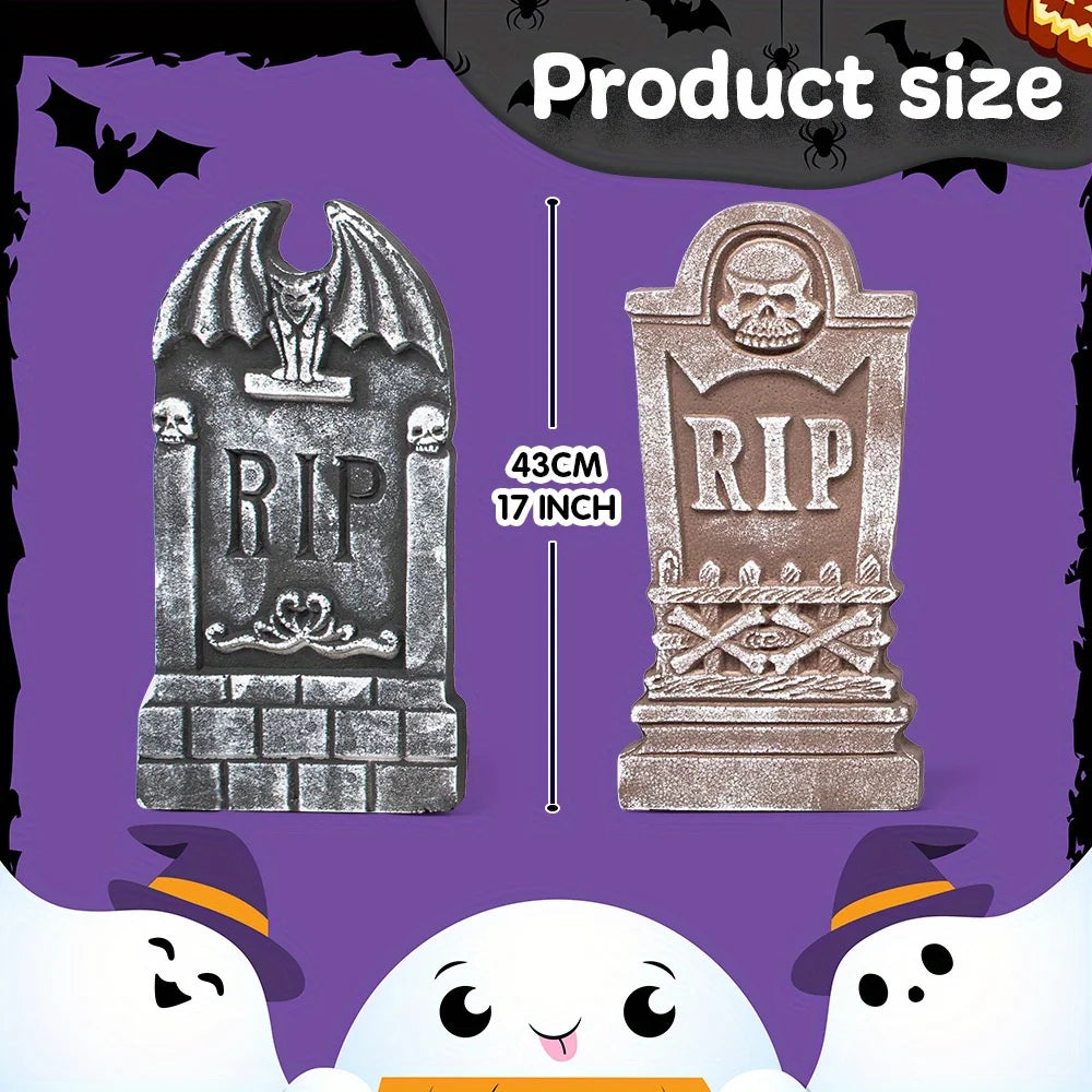 17'' Halloween Foam RIP Graveyard Tombstones, Halloween Tombstones Outdoor Decorations for Graves Decorations with 12 Metal Stakes for Cemetery Yard Lawn Party Decor