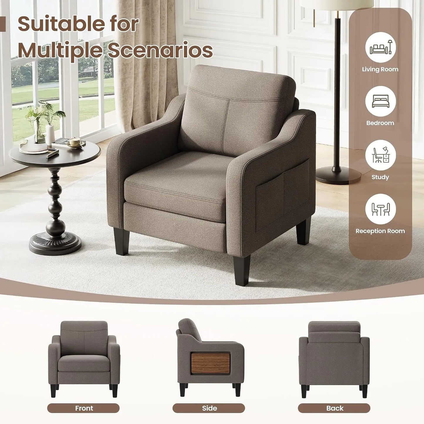 Modern Linen Upholstered Wooden Accent Armchair Foldable Side Table For Living Room, Customized