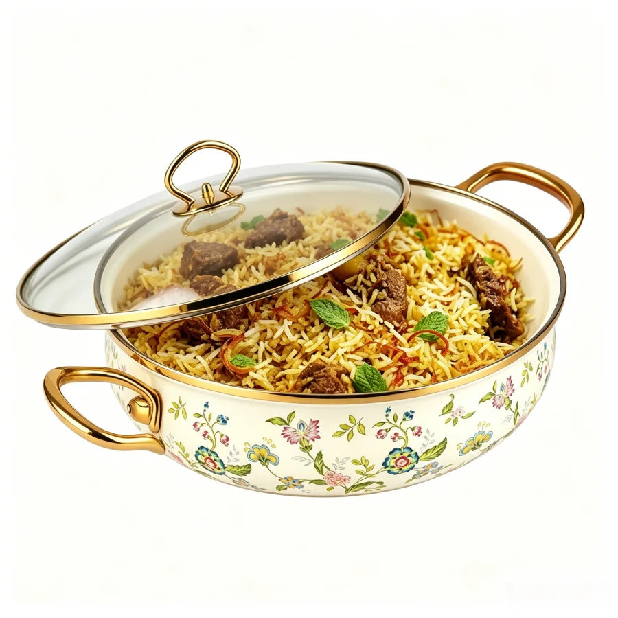 5.5Qt Enamel Stock Pot with Glass Lid – Vintage Bird & Botanical Print Nonstick Soup Pot, Dual Handles, Oven Safe, Fast Heating for All Stovetops, Gift for Wedding/Christmas, 9 Inch