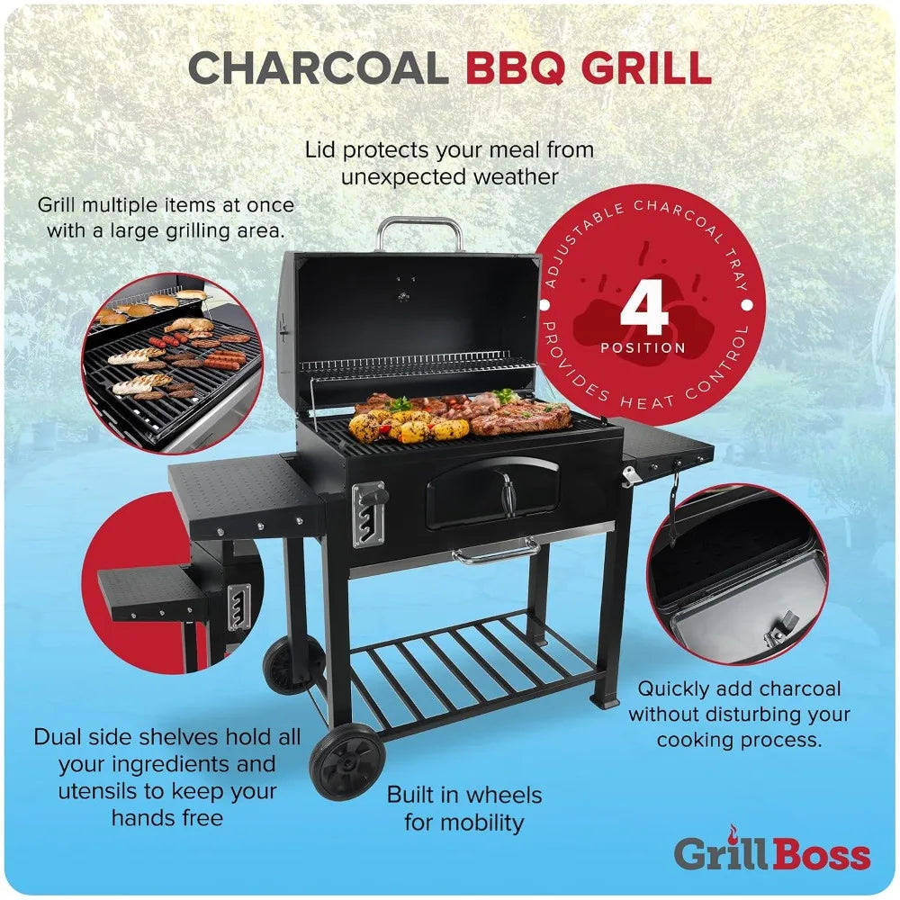 Grill Boss Charcoal Grill with Large 32-Inch Cooking Area - Includes Warming Rack, Side Shelves, Bottom Storage and, Customized
