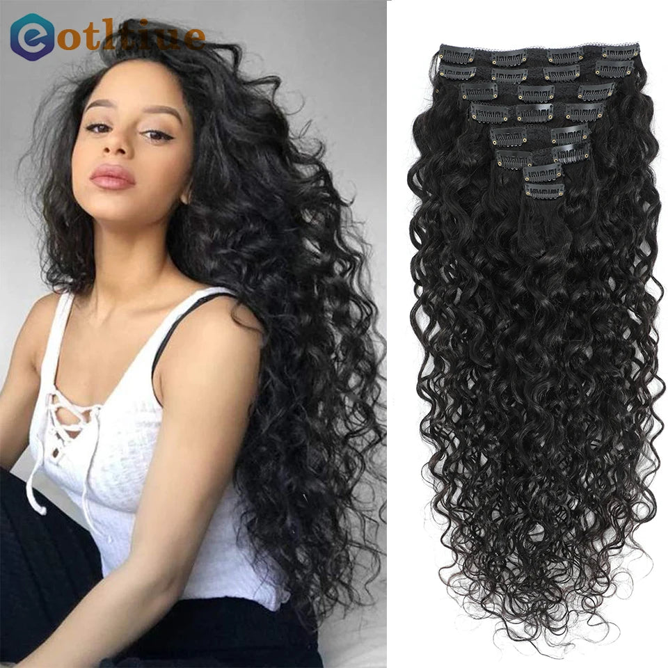 Indian Real Human Hair Water Wave Clip-in Extensions Deep Curly Brazilian Virgin Remy 8Pcs 120g Loose Deep Wave for Women Thick