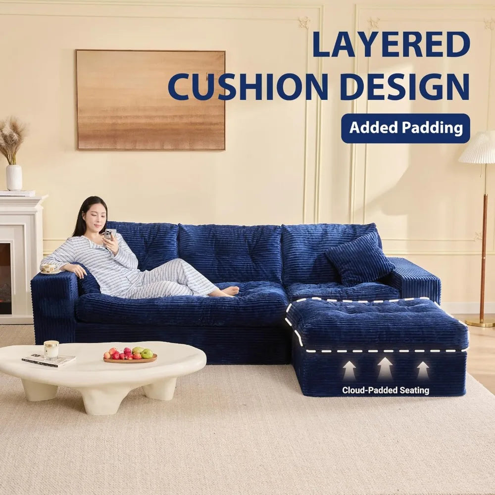Modular Sectional Sofa, 102” L-Shaped Corduroy Couch with Ottoman, Deep Seat Comfy Sectional for Living Room, Set, Customized