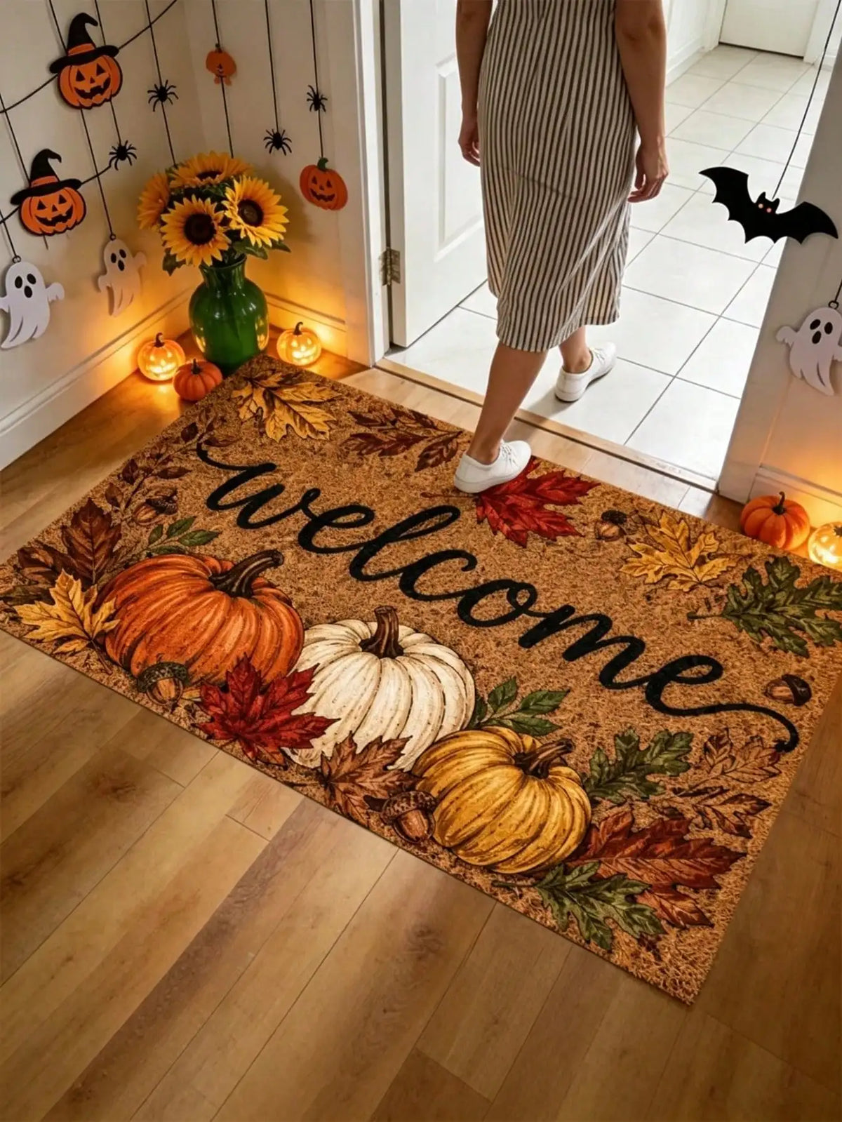 1pc Fall Pumpkin And Maple Leaf Welcome Pattern Rugs/Door Mat, Nonslip Comfortable, Easy To Clean, Ideal For Entryway Bedroom Living Room, Fall Decor, Halloween