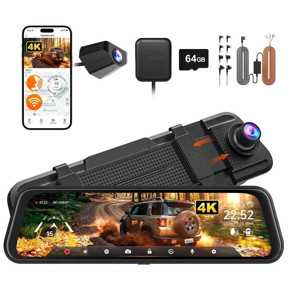 WOLFBOX M40 Dash Cam 4K+1080P With Voice Control ADAS Built in 5GHZ WI-FI and GPS Video Recorder Front and Rear Dash Camera