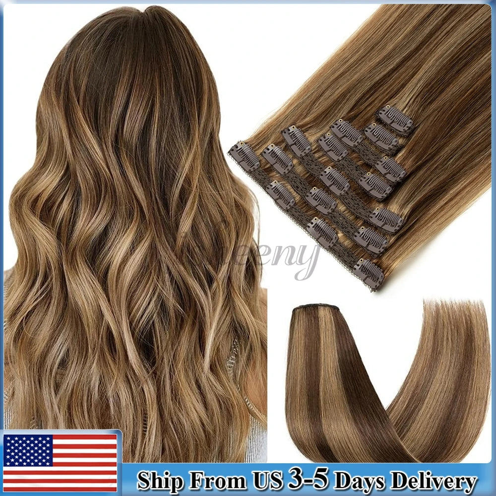 7pcs/set Clip in Human Hair Extensions 12-24 inches 100g-120g Natural Straight Clip-in Full Head Hair Easy to Install at Home