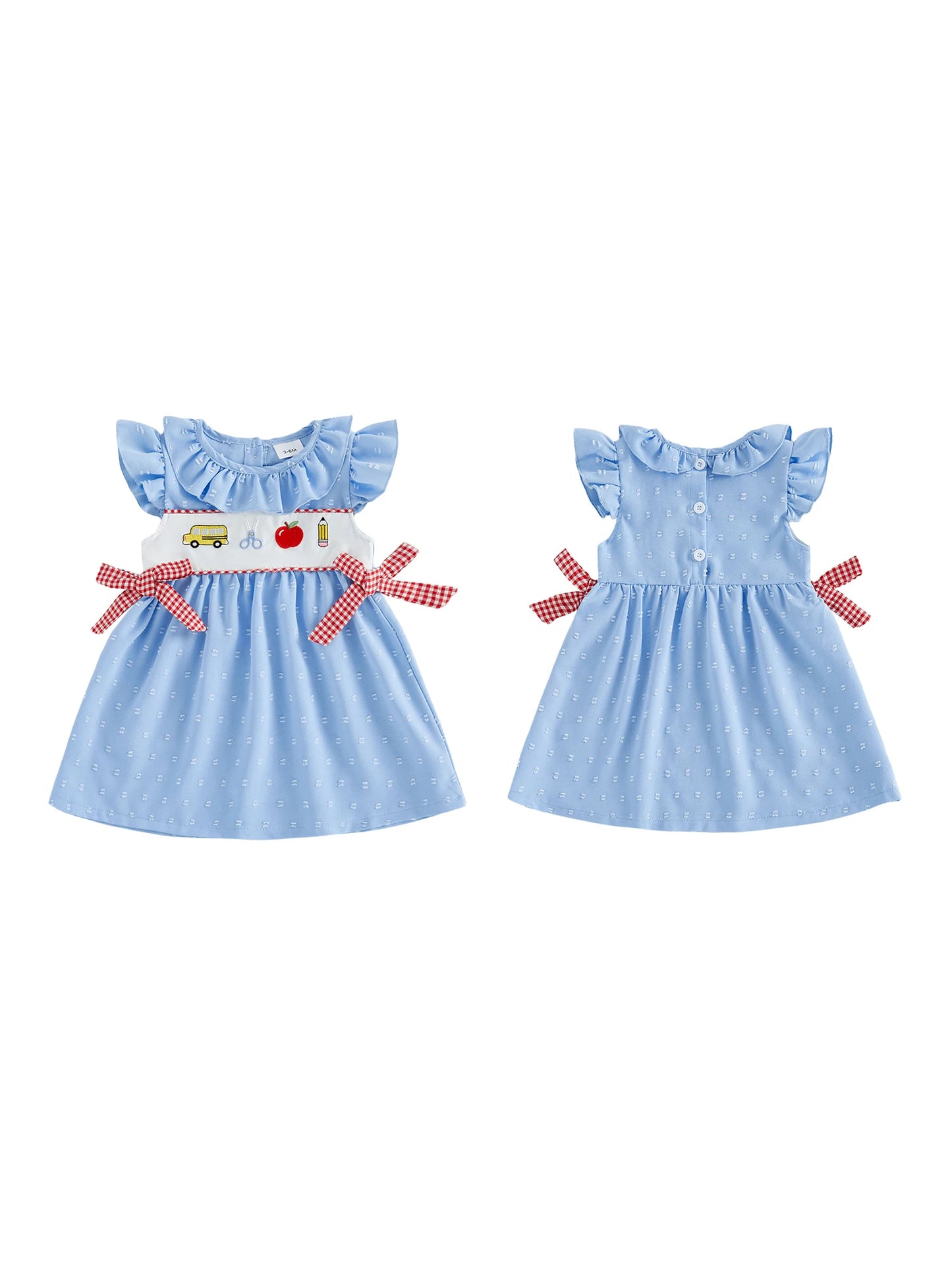 Girls Plaid Bow Embroidered Ripped Flutter Sleeve Crewneck A-line Dress for Back to School with a Touch of Summer Spring Style
