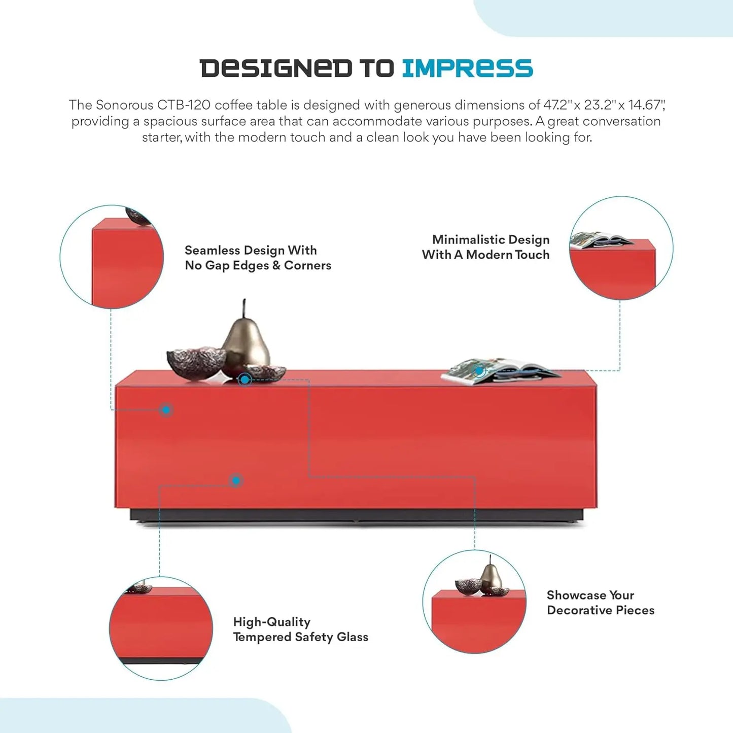 Premium Tempered Glass Coffee Table - Modern Red Rectangular Coffee Tables for Living Room - High Gloss Fingerprint, Customized