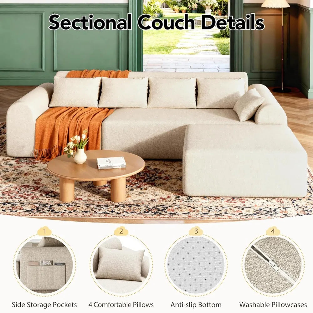 stockout！！Cloud Boneless Sectional Sofa for Living Room, 4-Seater L-Shaped Comfy Couch with Ottoman, 4 Pillows, Deep, Customized