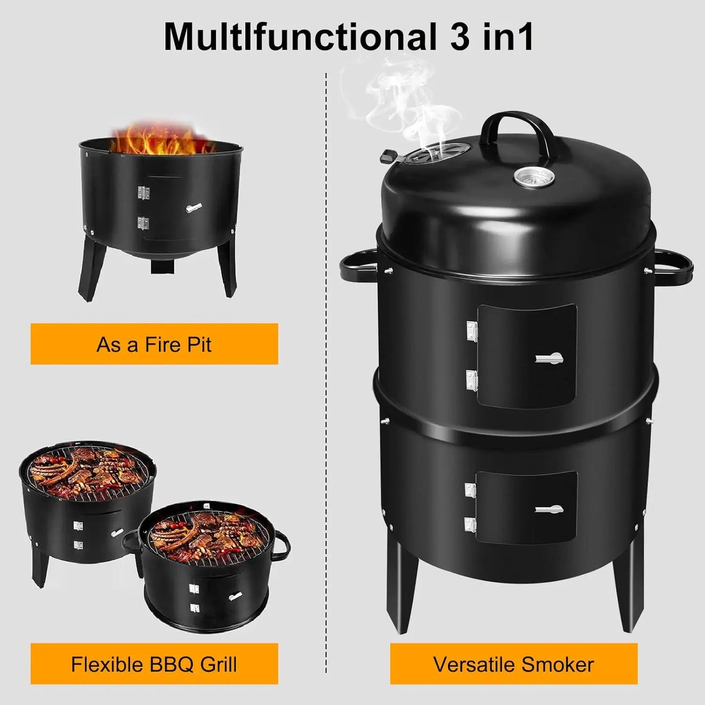 3-in-1 BBQ Smoker Grill with Chimney Multi-function Detachable Outdoor Cooking Oven with Thermometer Camping Outdoor Party Grill