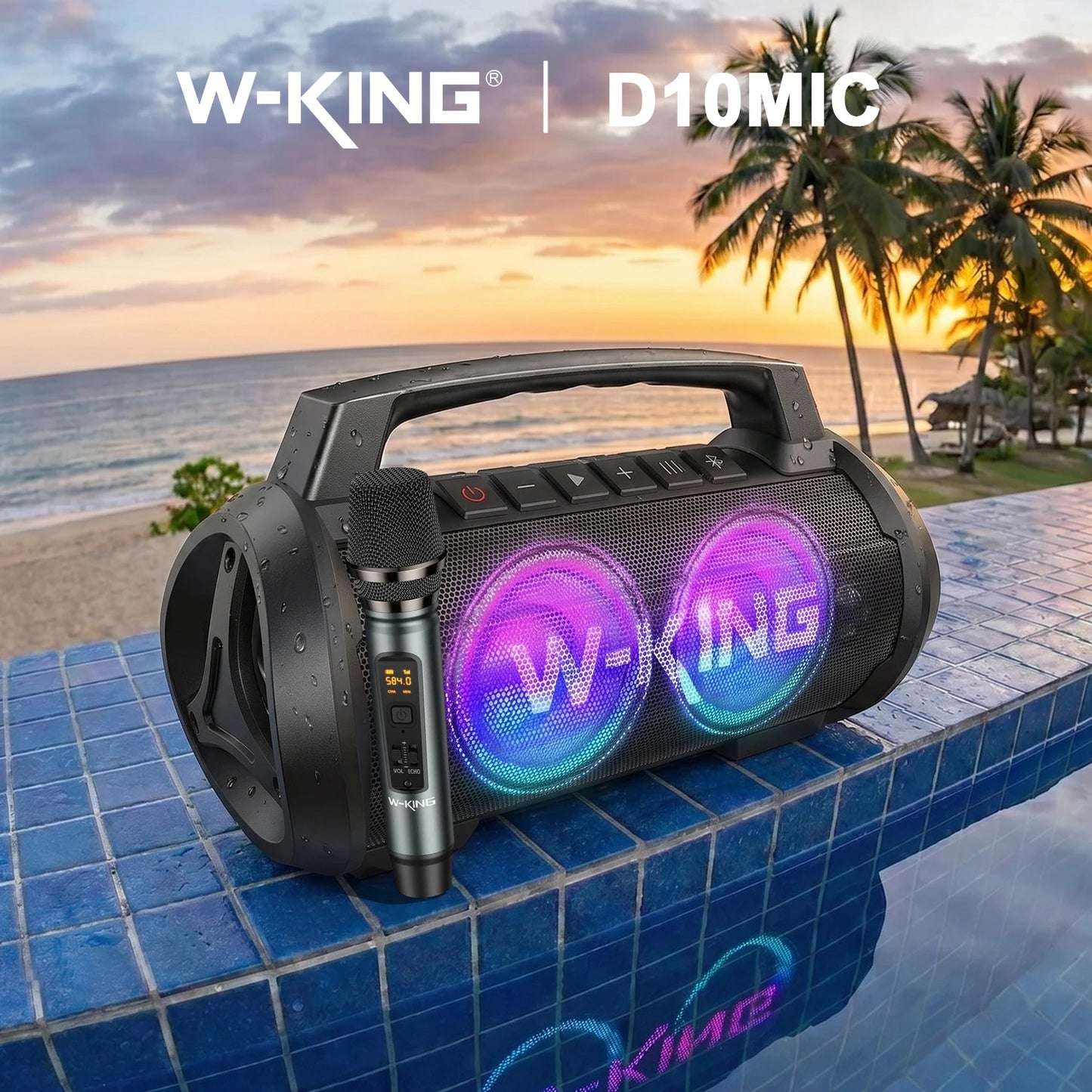 W-KING D10MIC Wireless Microphone Bluetooth Speaker Portable Loud Speakers Bass Boost, DSP, Stereo Pairing, Powerbank, AUX IN
