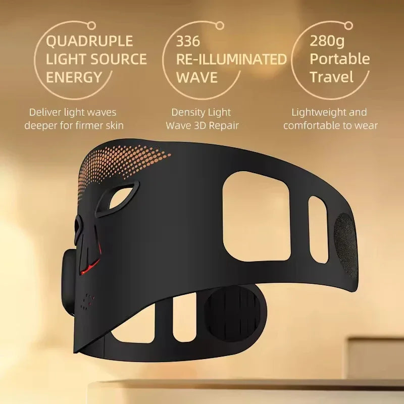 Silicone Red Light Facial Mask,Wireless Rechargeable 336 LED Chips 4‑Mode Type‑C Phototherapy Home Skin Care Beauty Device