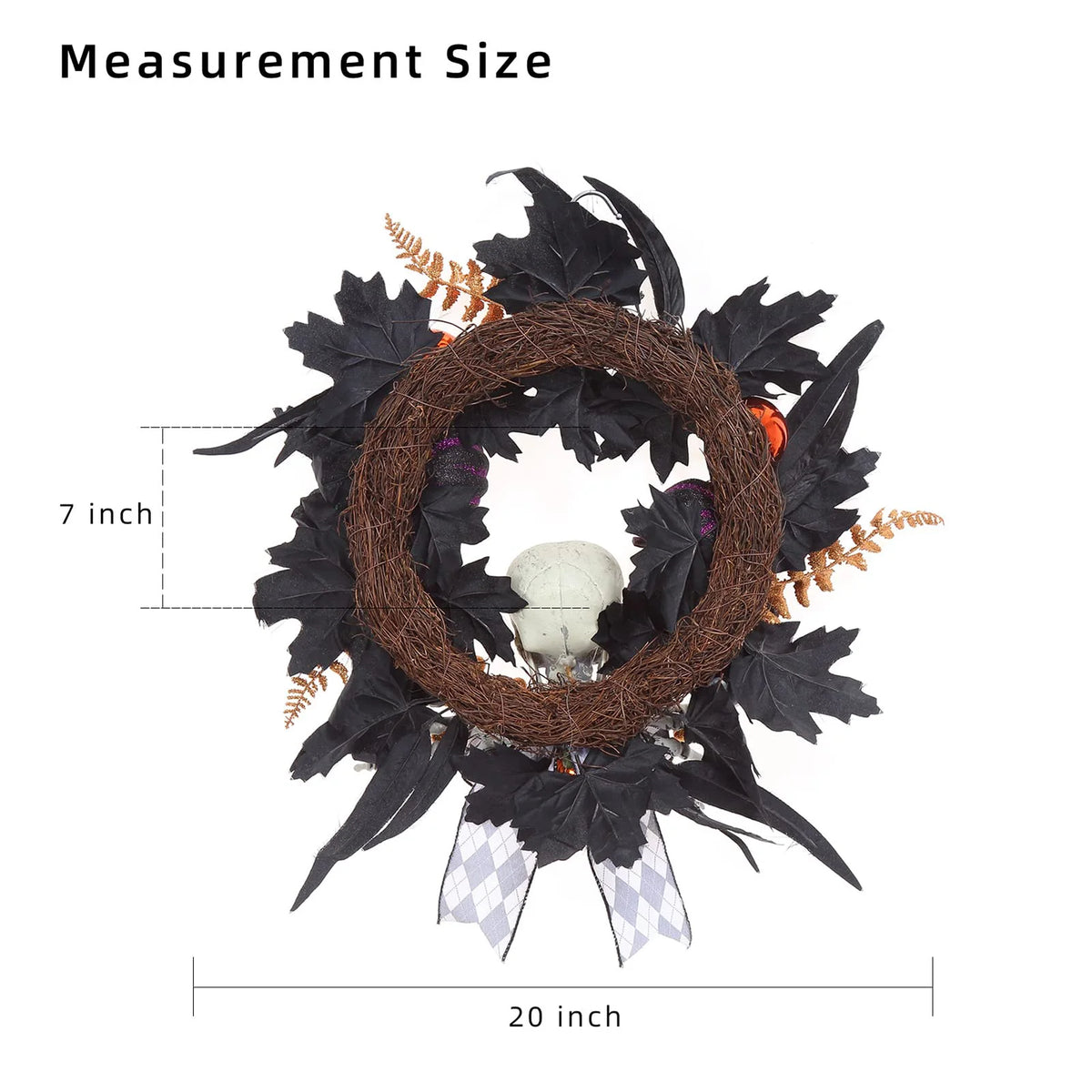20in Halloween Skeleton Wreath Gothic Skull Hands Black Feathers Pumpkins Front Door Porch Wall Window Party Decor Indoor Outdoor