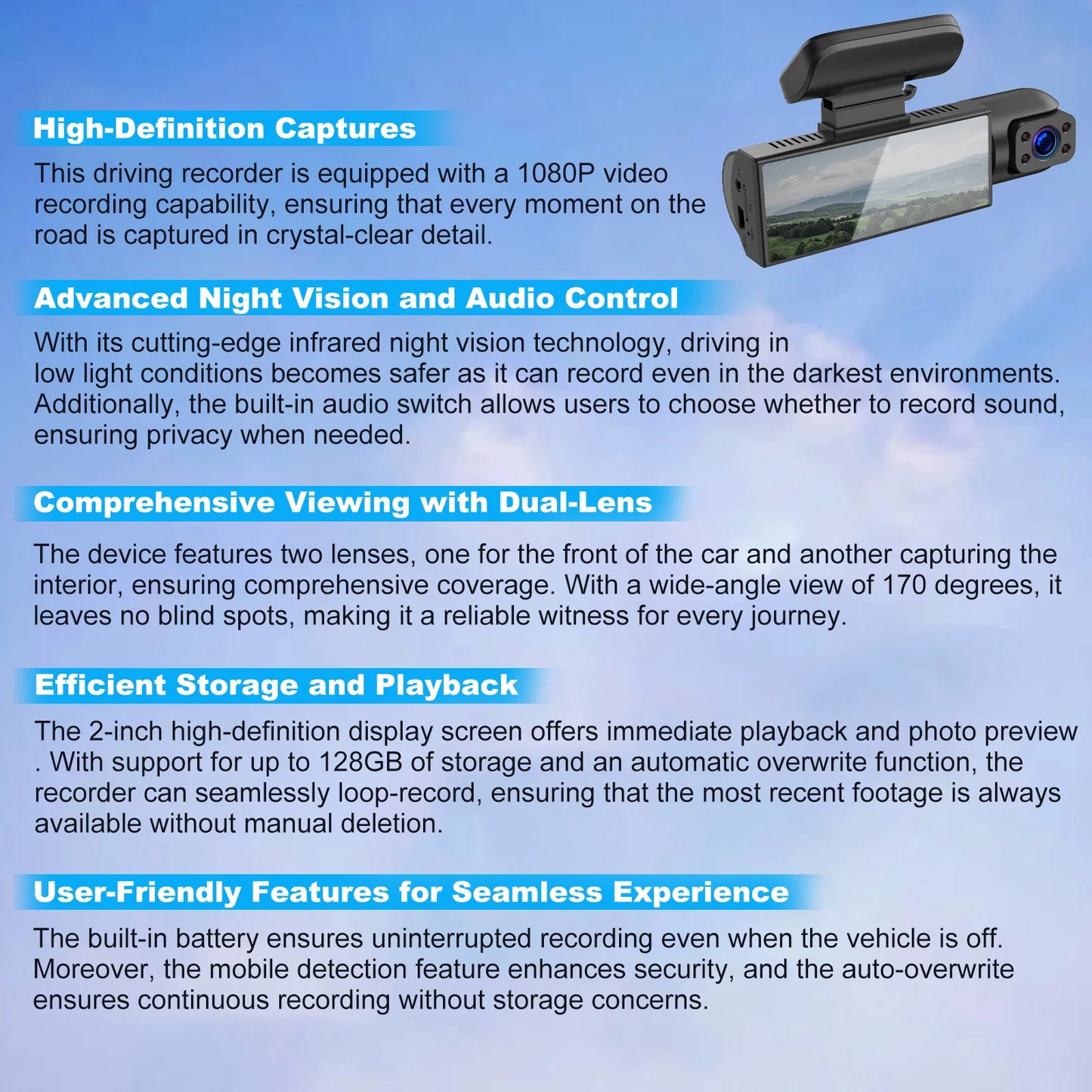 ZNLYRION  Full HD 1080P Car Dashcam Front+Interior+Rear Camera 130° Wide Angle Night Vision G-Sensor Parking Monitor Car Driving Recorder